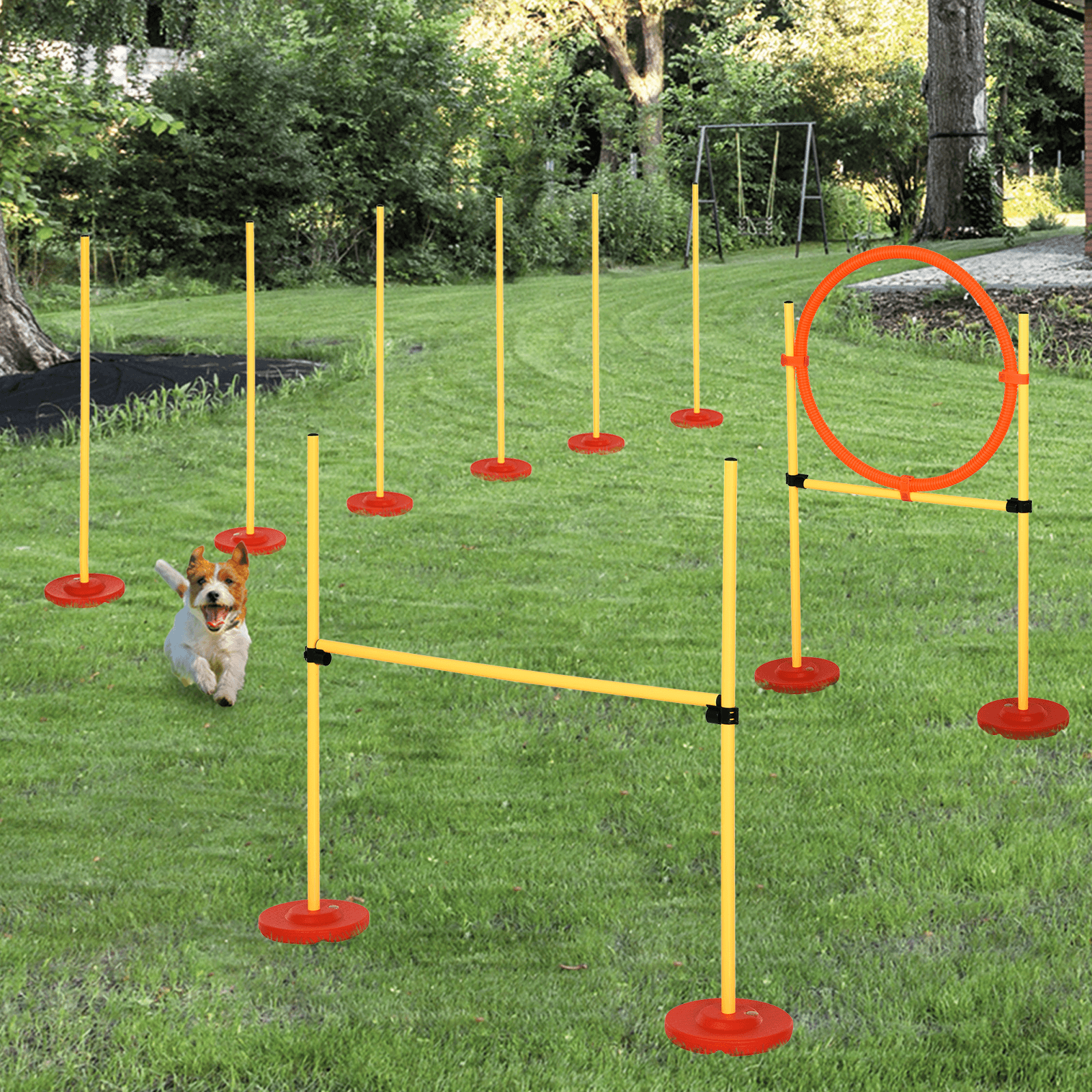 Portable Pet Agility Training Obstacle Set for Dogs, Enhance your dog's agility skills with the adjustable high jump, jumping ring, and turnstile poles. Perfect for all dog trainers.