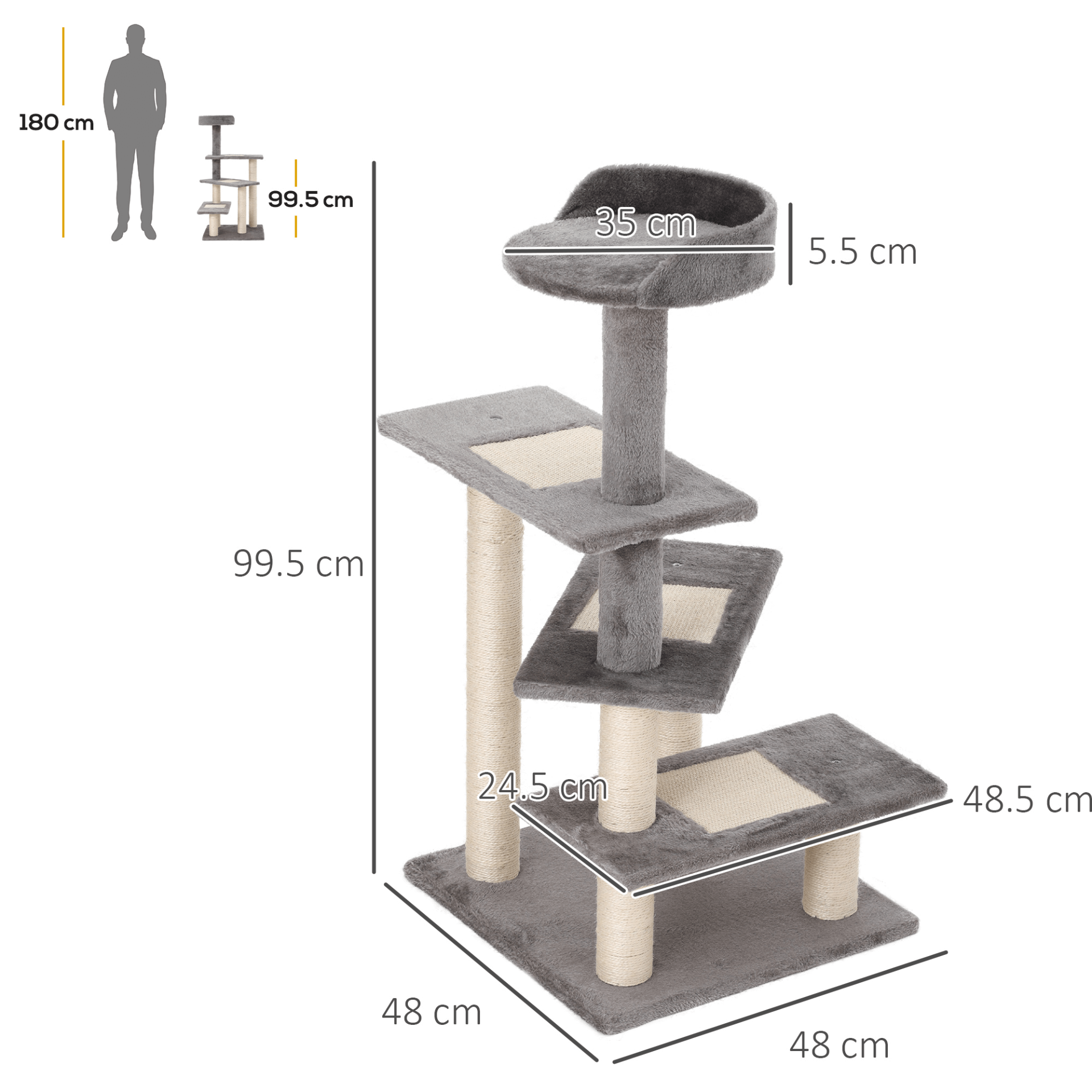 PawHut 100 cm Cat Tree - Grey | Multi-Level Activity Center, Entertain and comfort your cats with PawHut's 100 cm multi-level cat tree. Features cozy perches, scratching posts, and a spiral design.