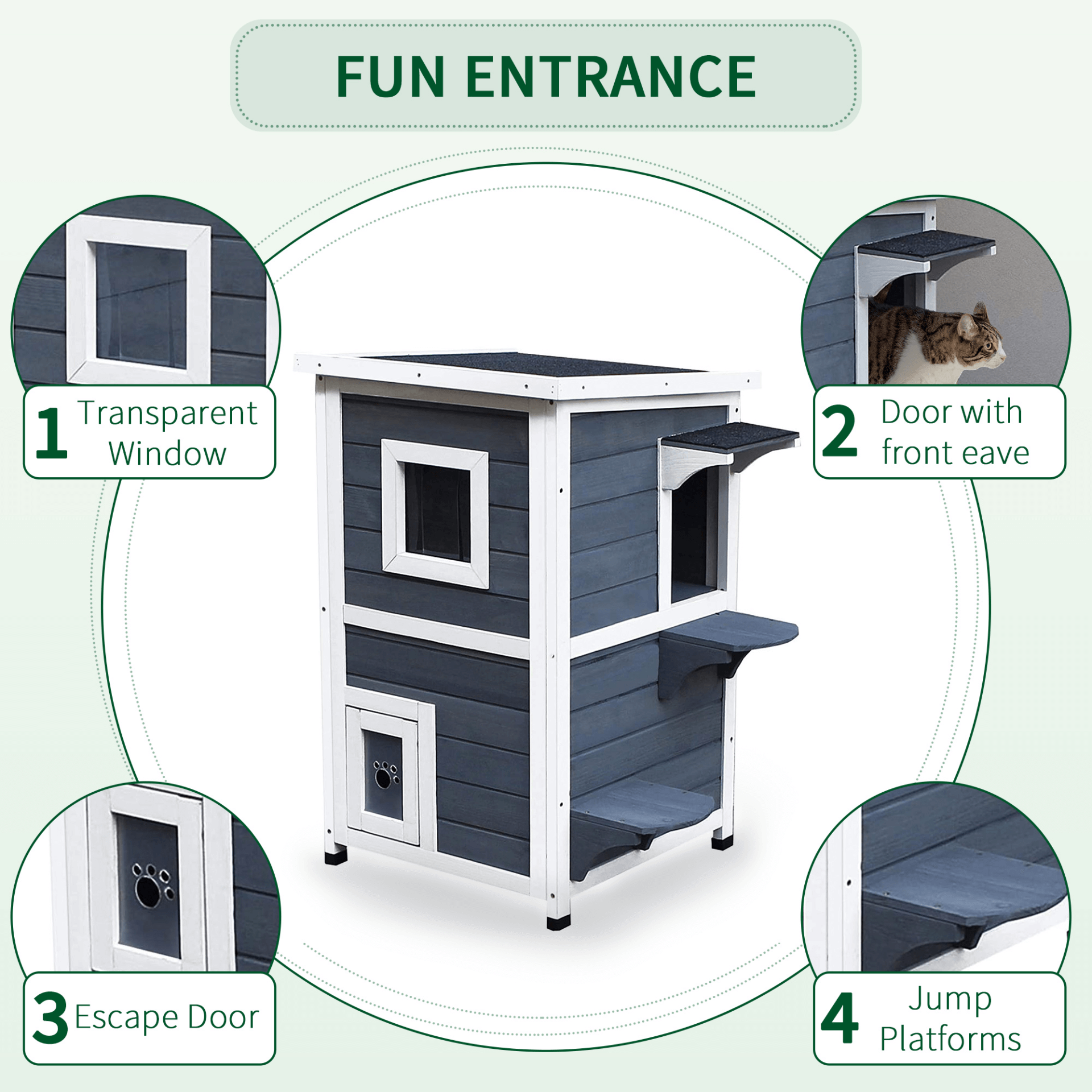 Grey 2-Floor Wooden Cat House with Window, Offer your cats a perfect outdoor retreat with our 2-floor wooden cat house featuring a cozy window. Ideal for keeping your feline friends safe and active.