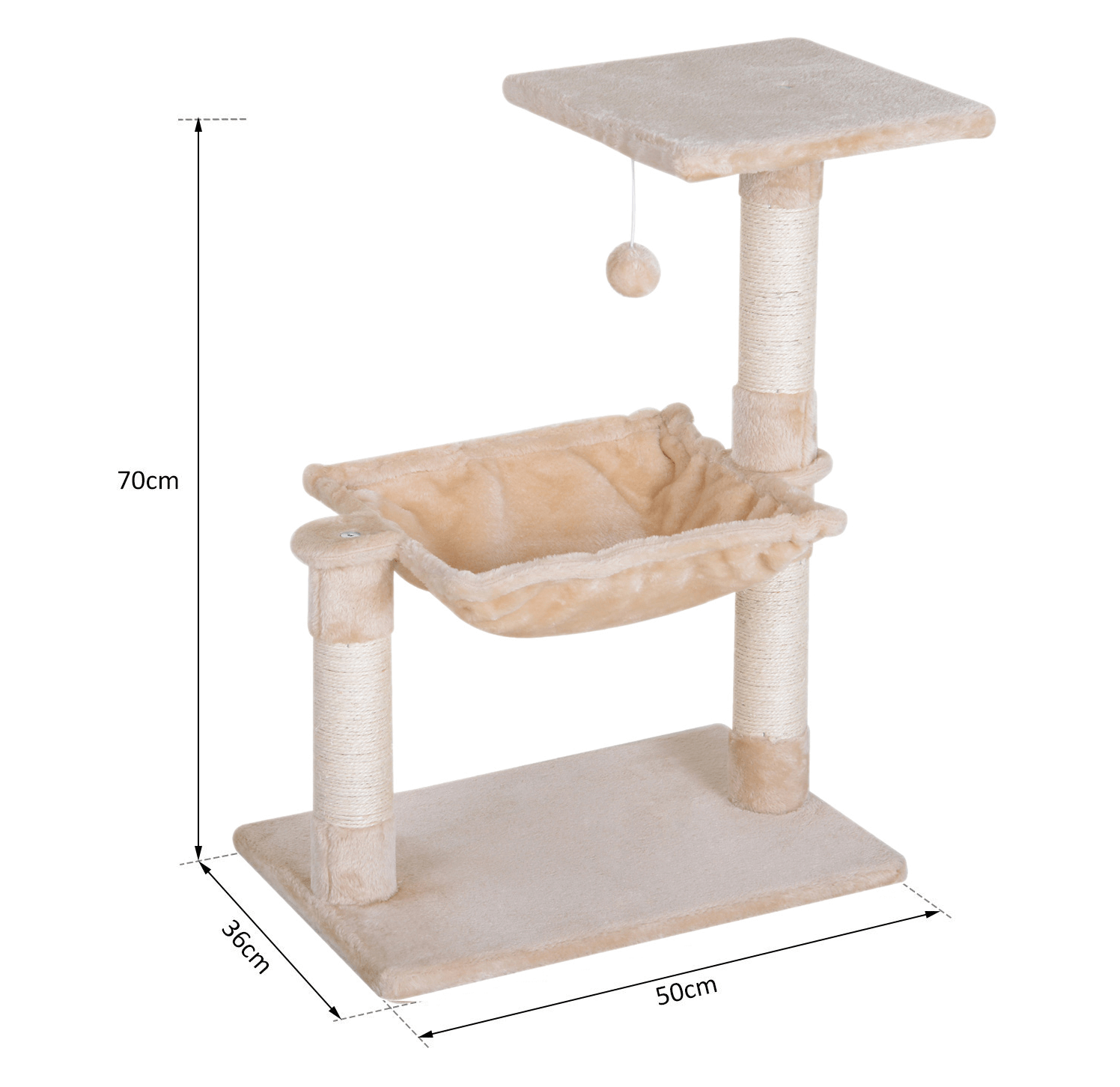 PawHut 70cm Durable Cat Tree with Hammock & Scratching Posts, Engage your cat with this two-tier cat tree featuring a hammock, scratching posts, and a play ball for endless fun and relaxation indoors.