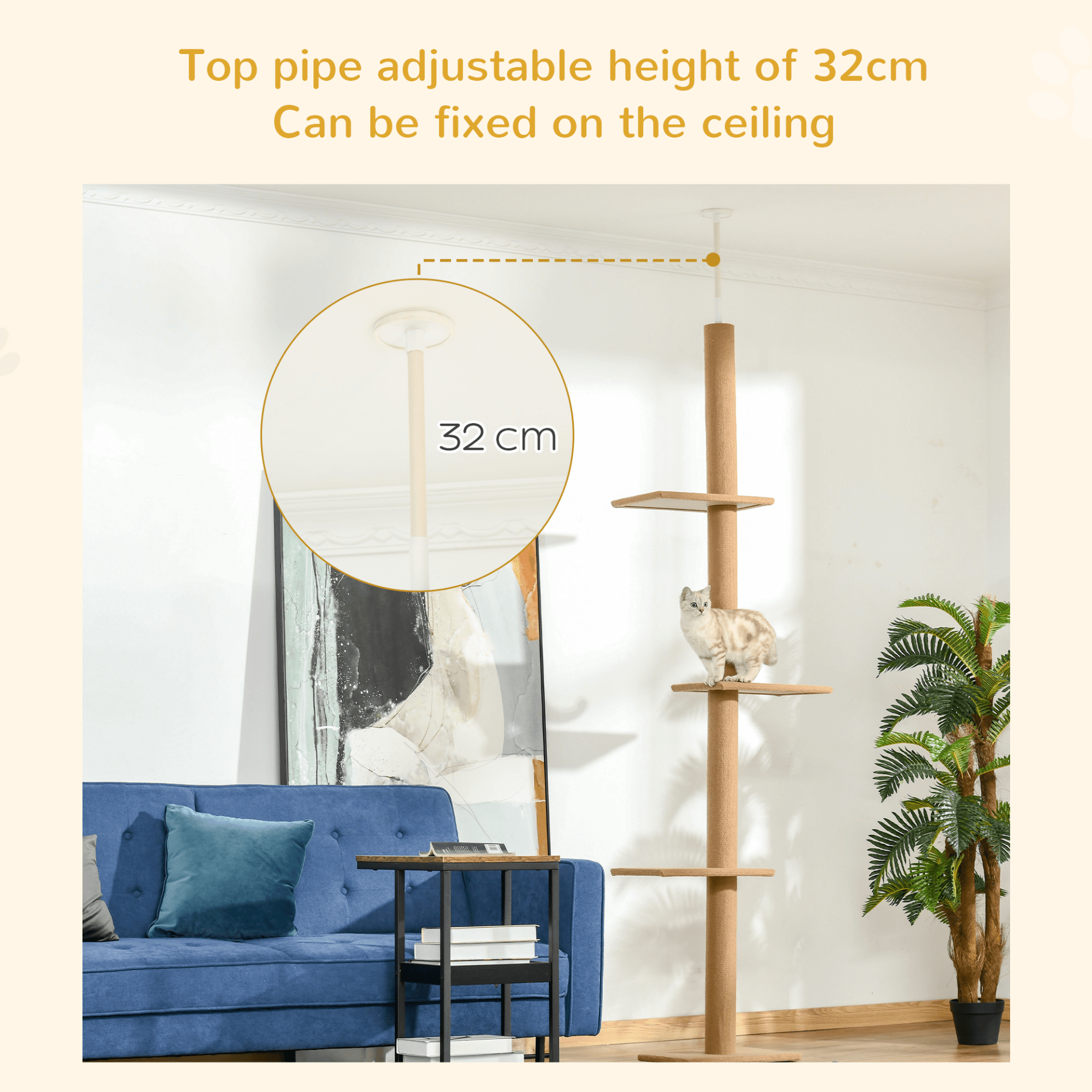 PawHut 260cm Floor To Ceiling Cat Tree - Brown, Give your indoor cats endless fun with the PawHut 260cm Cat Tree, featuring cushioned platforms and adjustable height for playful comfort.