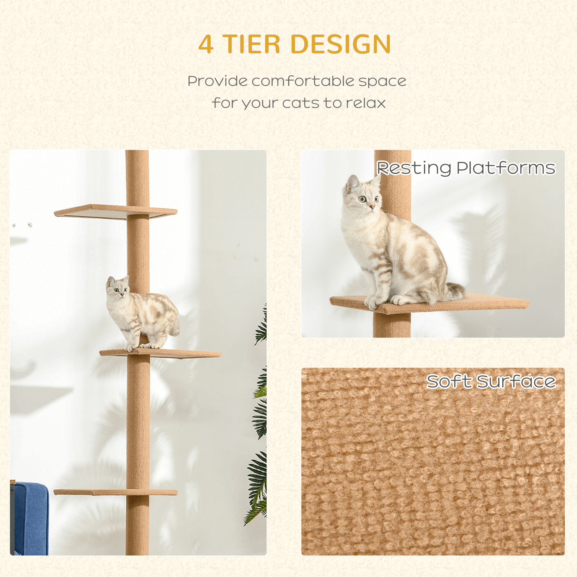 PawHut 260cm Floor To Ceiling Cat Tree - Brown, Give your indoor cats endless fun with the PawHut 260cm Cat Tree, featuring cushioned platforms and adjustable height for playful comfort.