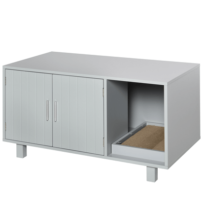 PawHut Grey Wooden Cat Litter Box Enclosure & House, Stylish and multifunctional, this cat litter box enclosure serves as a pet house and nightstand while blending seamlessly with your decor.