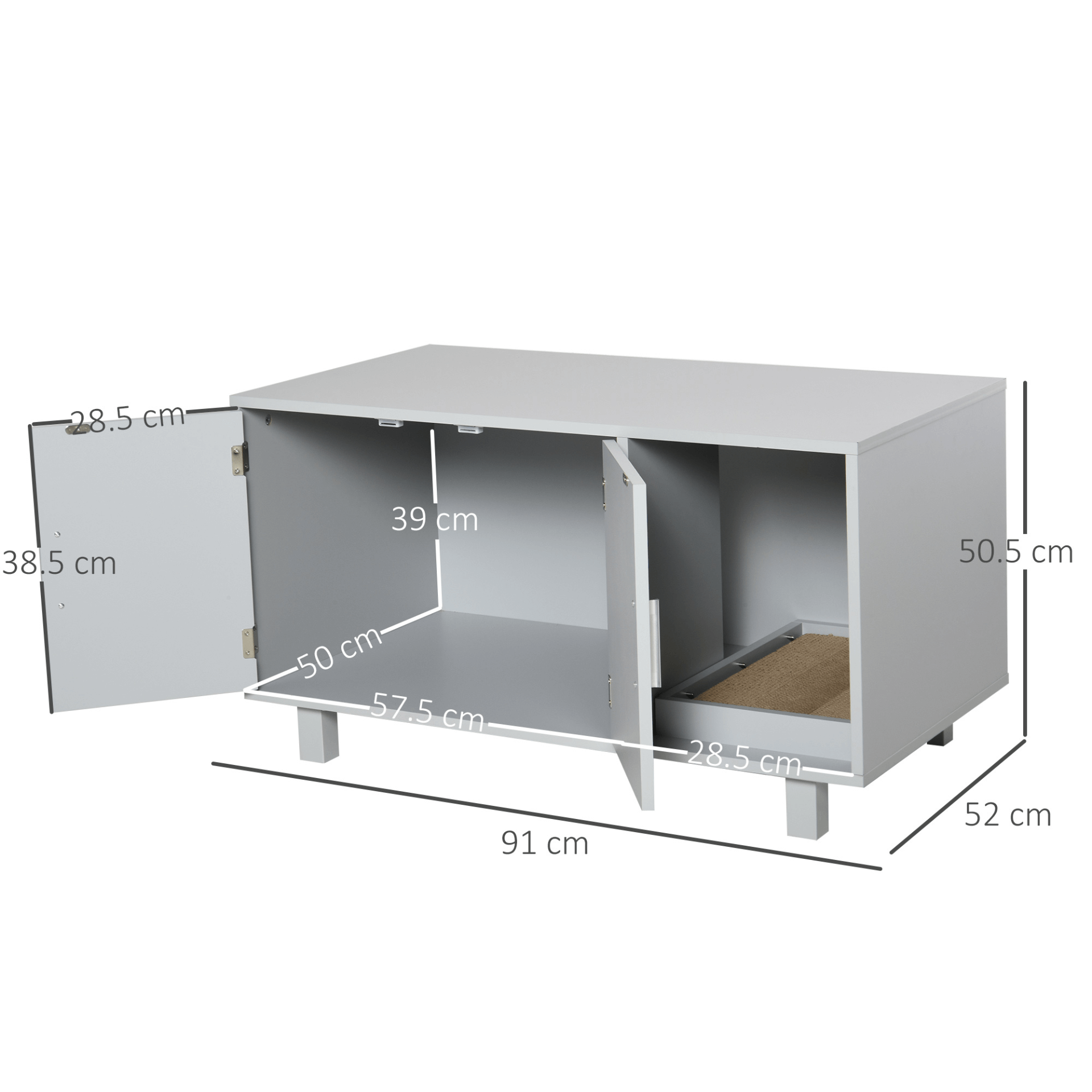 PawHut Grey Wooden Cat Litter Box Enclosure & House, Stylish and multifunctional, this cat litter box enclosure serves as a pet house and nightstand while blending seamlessly with your decor.