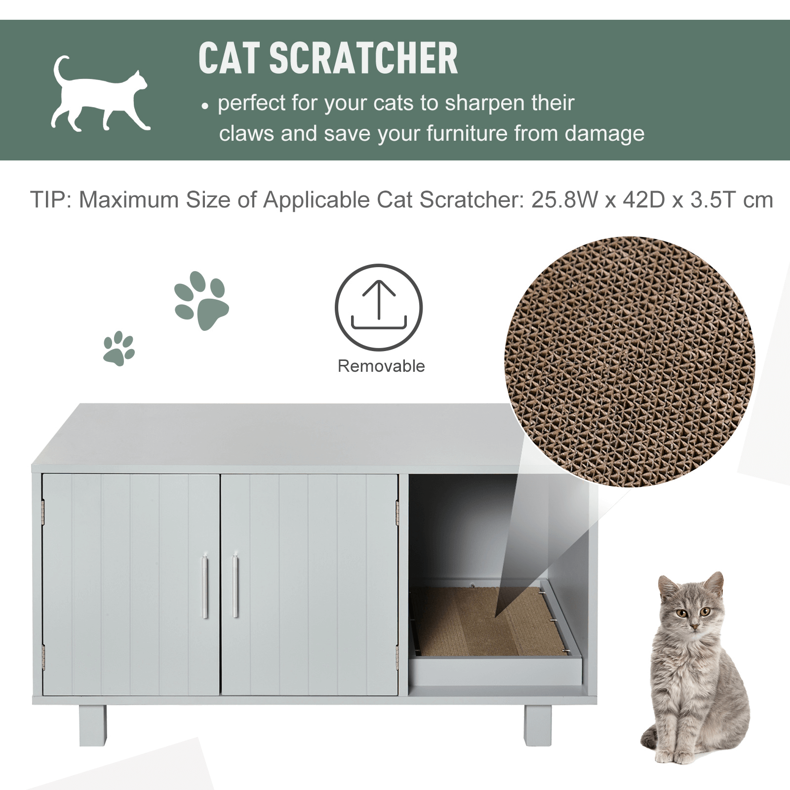 PawHut Grey Wooden Cat Litter Box Enclosure & House, Stylish and multifunctional, this cat litter box enclosure serves as a pet house and nightstand while blending seamlessly with your decor.