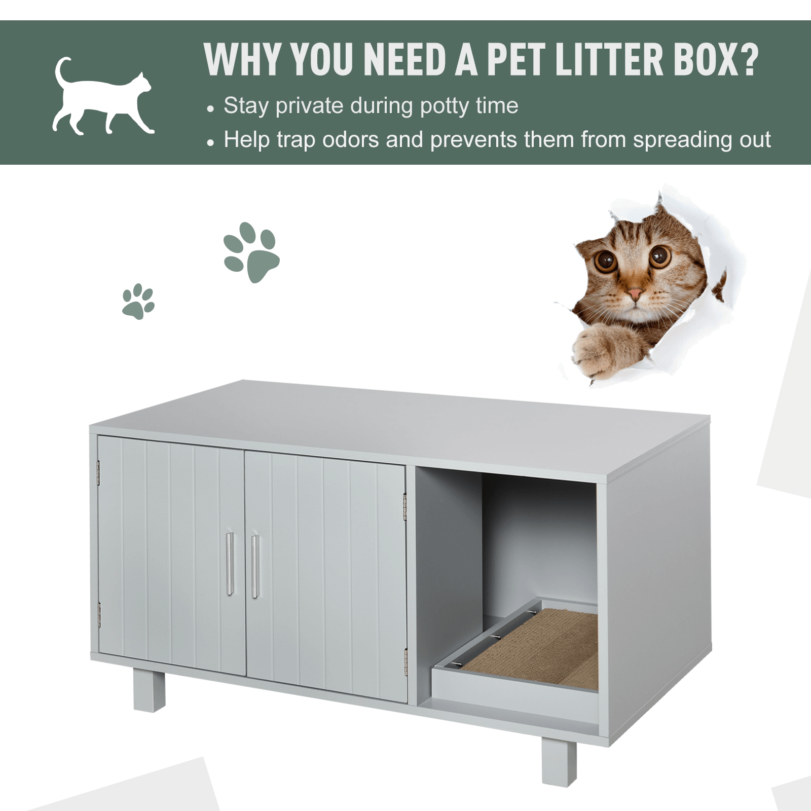 PawHut Grey Wooden Cat Litter Box Enclosure & House, Stylish and multifunctional, this cat litter box enclosure serves as a pet house and nightstand while blending seamlessly with your decor.