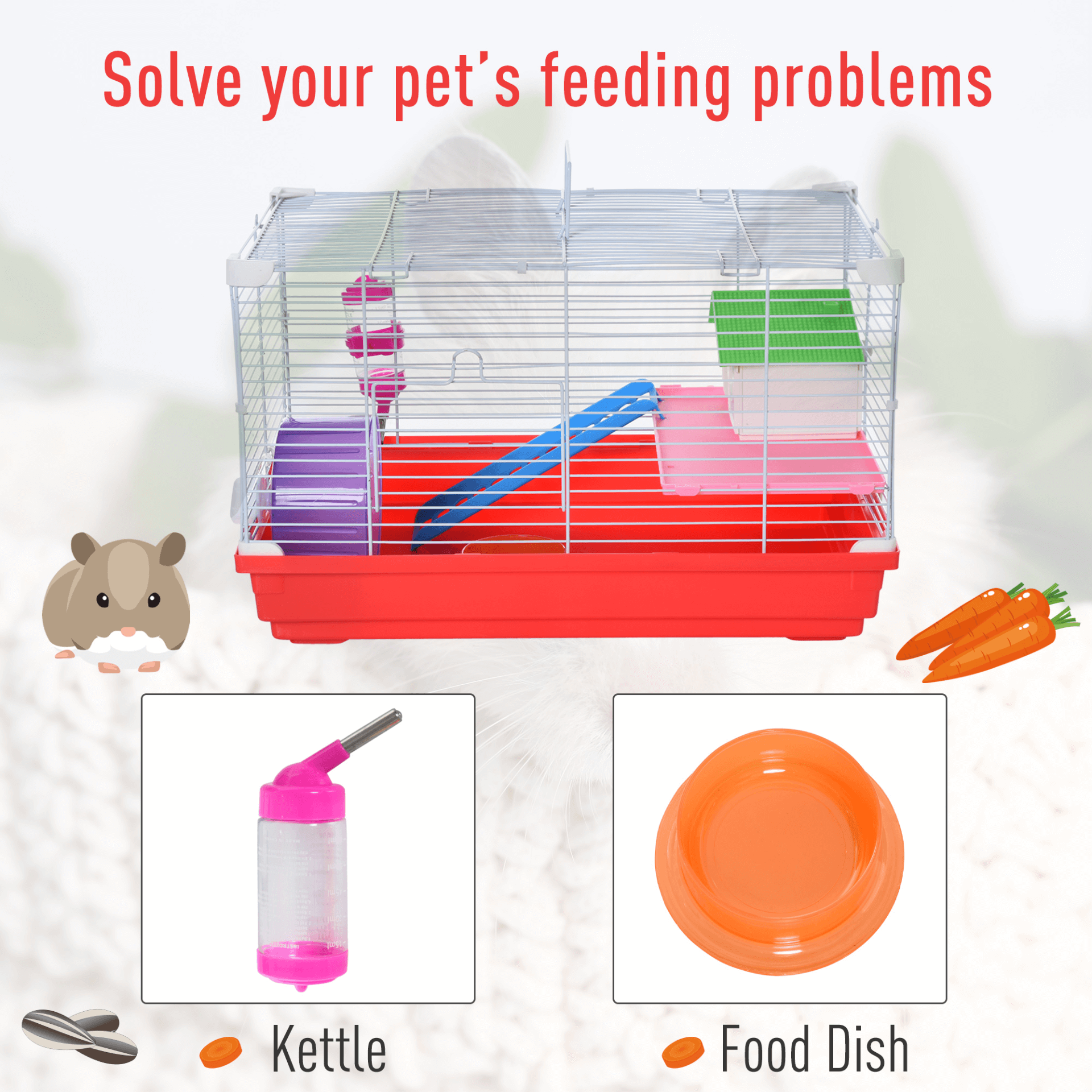 PawHut 2-Storey Portable Hamster Cage with Accessories, Discover the PawHut 2-Storey Hamster Cage, featuring a durable design, exercise wheel, water bottle, and food dishes for happy pets.