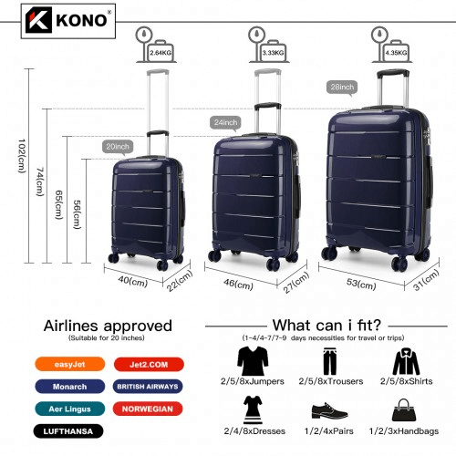 KONO 20-24-28” Navy Hard Shell Luggage Set, Durable 3-piece suitcase set with TSA lock, 360° wheels, and premium polypropylene material for ultimate travel convenience.