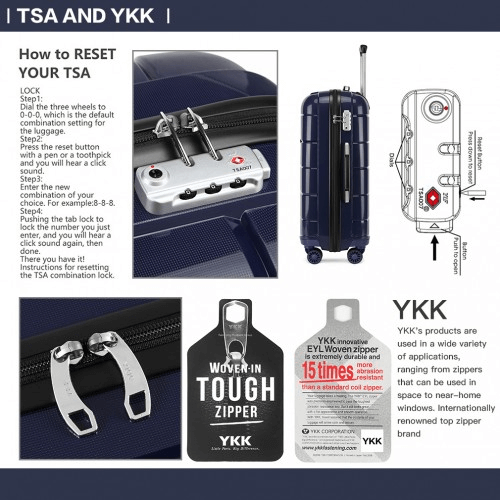 KONO 20-24-28” Navy Hard Shell Luggage Set, Durable 3-piece suitcase set with TSA lock, 360° wheels, and premium polypropylene material for ultimate travel convenience.