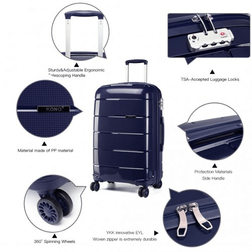 KONO 20-24-28” Navy Hard Shell Luggage Set, Durable 3-piece suitcase set with TSA lock, 360° wheels, and premium polypropylene material for ultimate travel convenience.