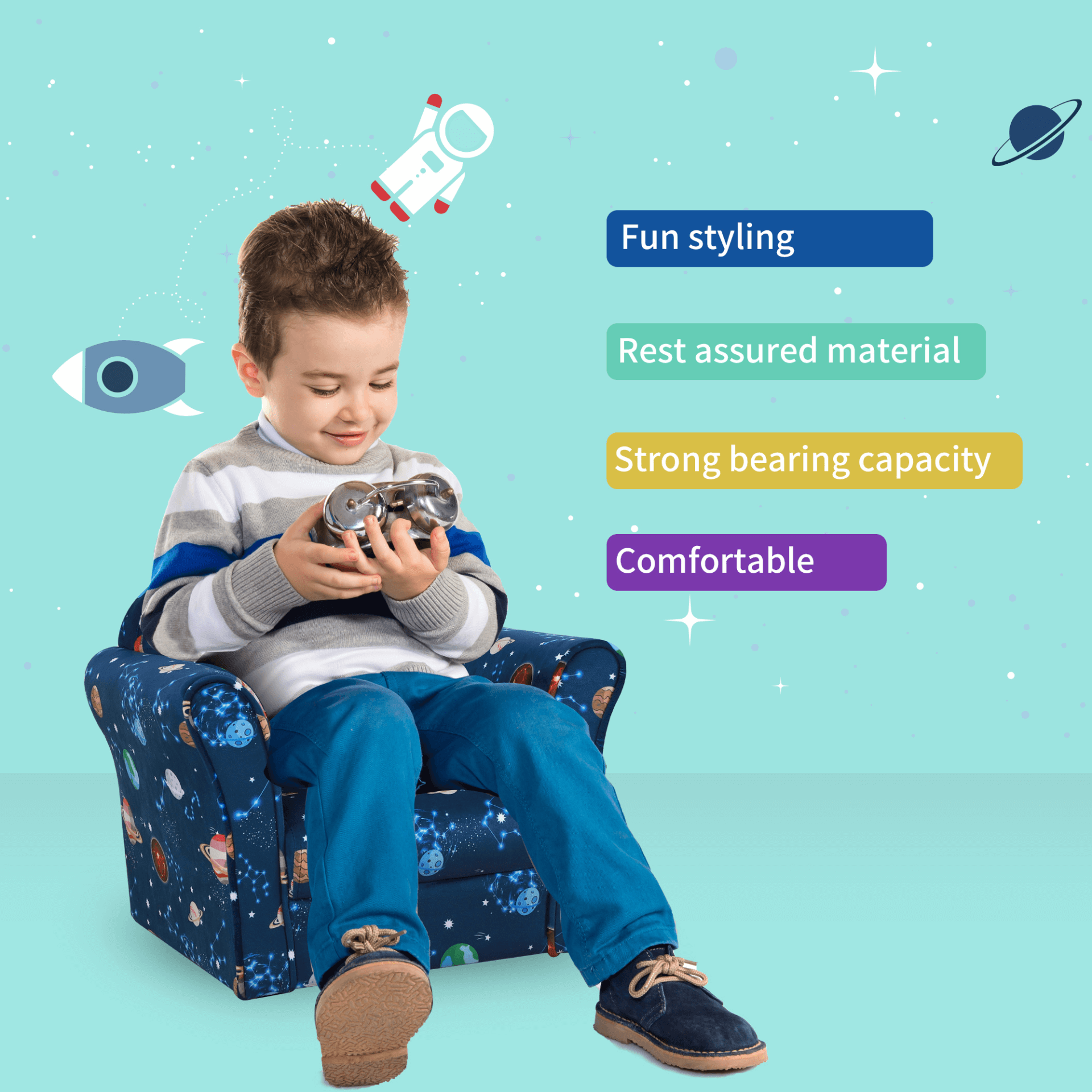 HOMCOM Kids Planet-Themed Armchair - Blue Sofa, Spark creativity with this cozy, planet-themed armchair for kids. Non-slip, stylish, and perfect for bedrooms or playrooms.