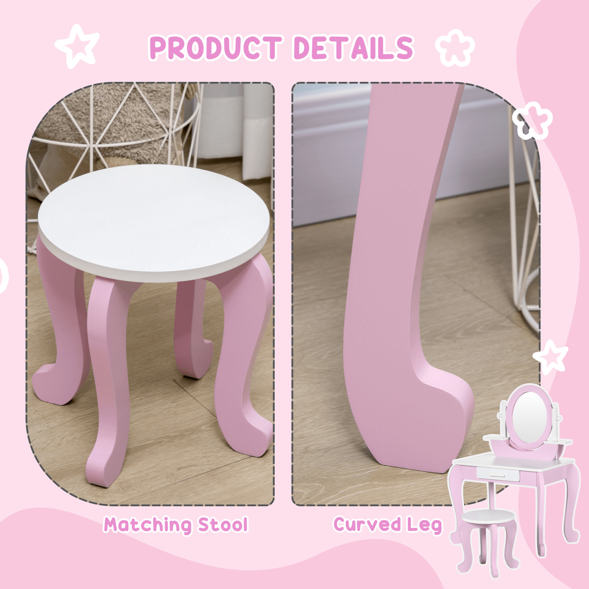 ZONEKIZ Kids Pink Vanity Set - Princess Dressing Table, Transform your child's room with this charming pink vanity set, featuring a mirror, stool, and ample storage for ages 3-6.