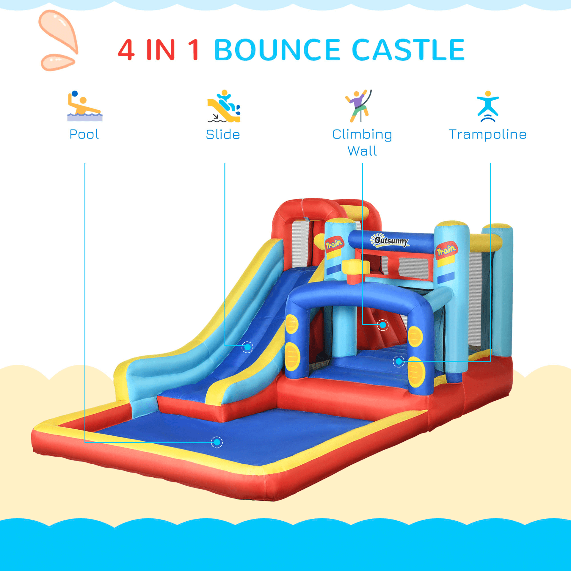 4-in-1 Bouncy Castle: Slide, Pool, Trampoline & More, Ultimate fun awaits! Outsunny's 4-in-1 Kids Bouncy Castle features a slide, pool, trampoline, and climbing wall. Endless outdoor joy for kids.