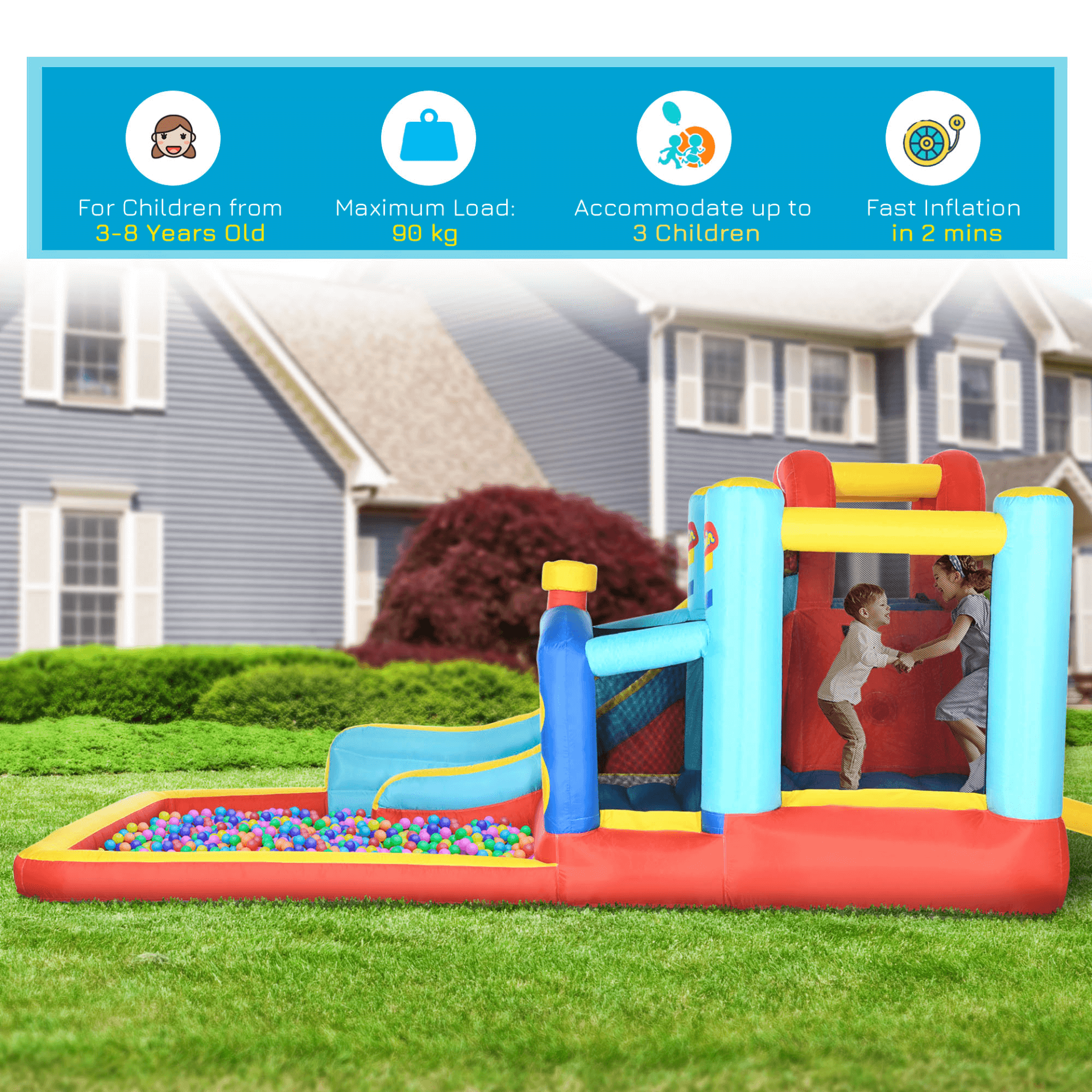 4-in-1 Bouncy Castle: Slide, Pool, Trampoline & More, Ultimate fun awaits! Outsunny's 4-in-1 Kids Bouncy Castle features a slide, pool, trampoline, and climbing wall. Endless outdoor joy for kids.