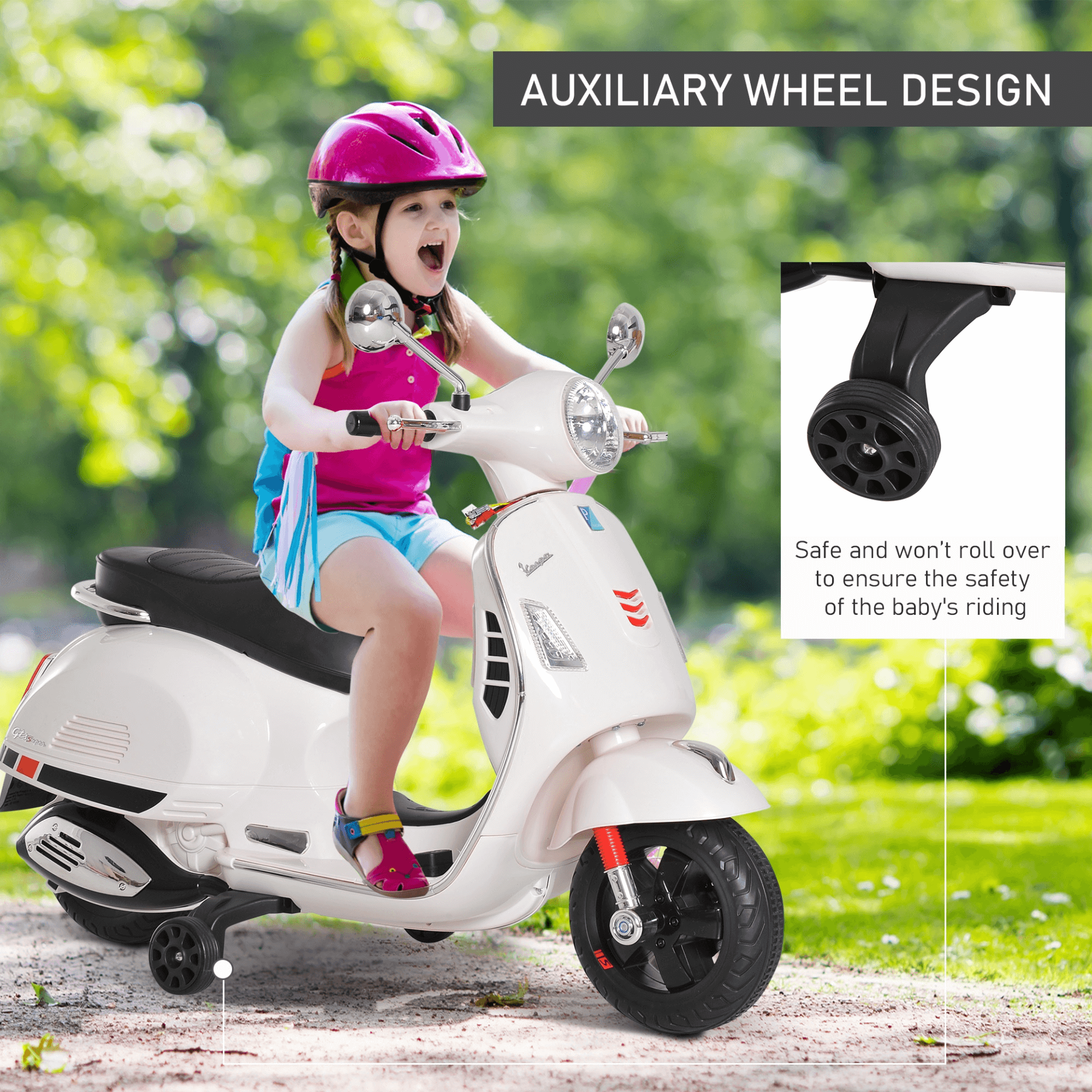 6V Kids Electric Vespa – Ride-On Motorbike with MP3, LED, Officially licensed 6V Kids Electric Vespa motorbike. Safe, stylish ride-on toy with MP3 music & LED lights for kids aged 3-6. Perfect gift!