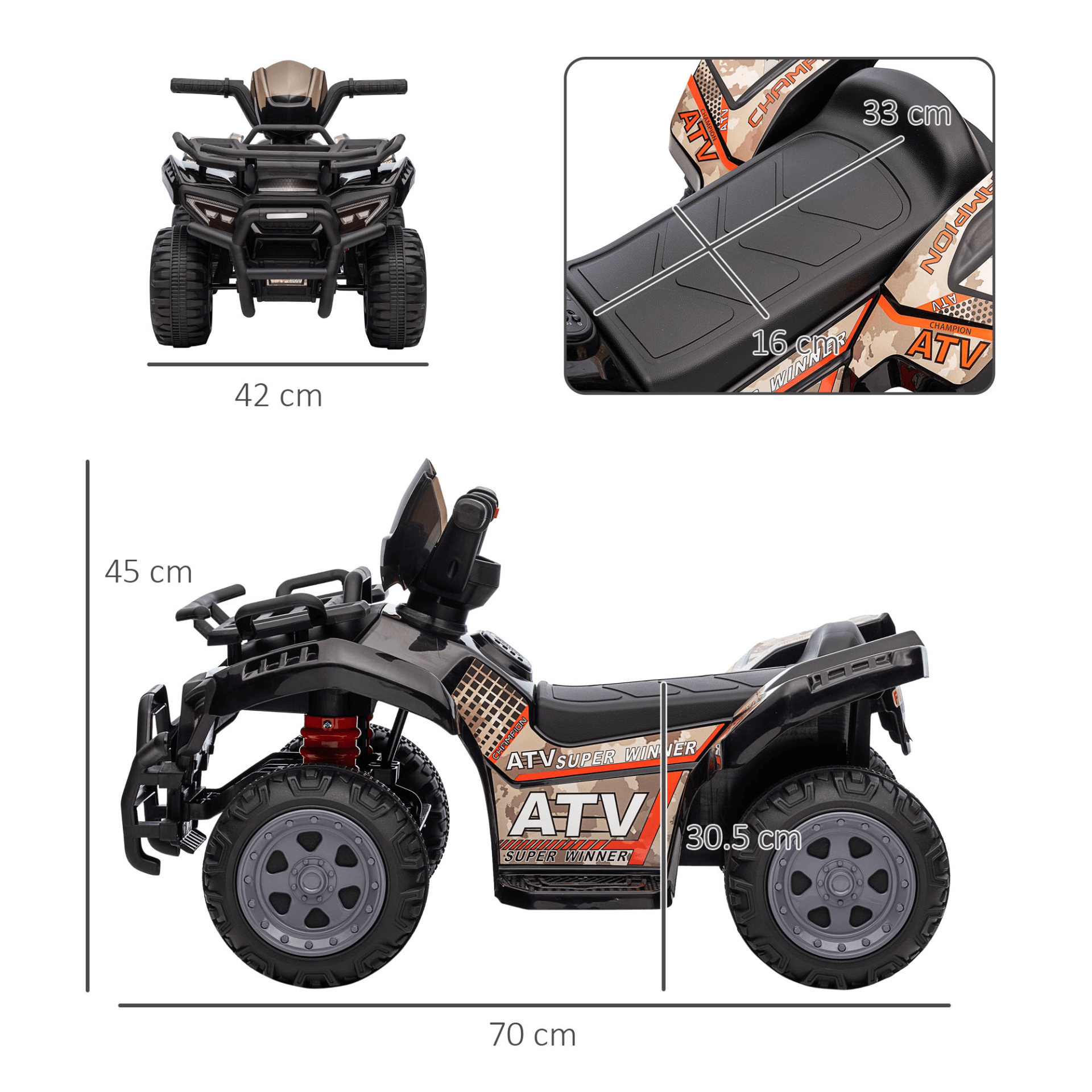 6V Kids Electric Ride-On Car with Music - Black, Excite toddlers aged 18-36 months with this 6V ride-on quad bike ATV featuring built-in music for endless fun and adventure.