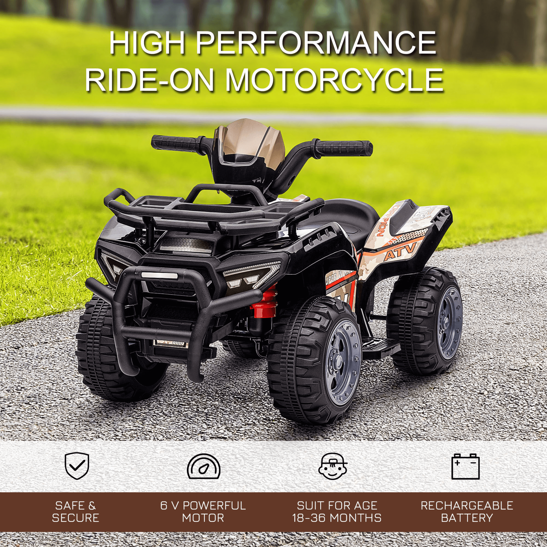 6V Kids Electric Ride-On Car with Music - Black, Excite toddlers aged 18-36 months with this 6V ride-on quad bike ATV featuring built-in music for endless fun and adventure.