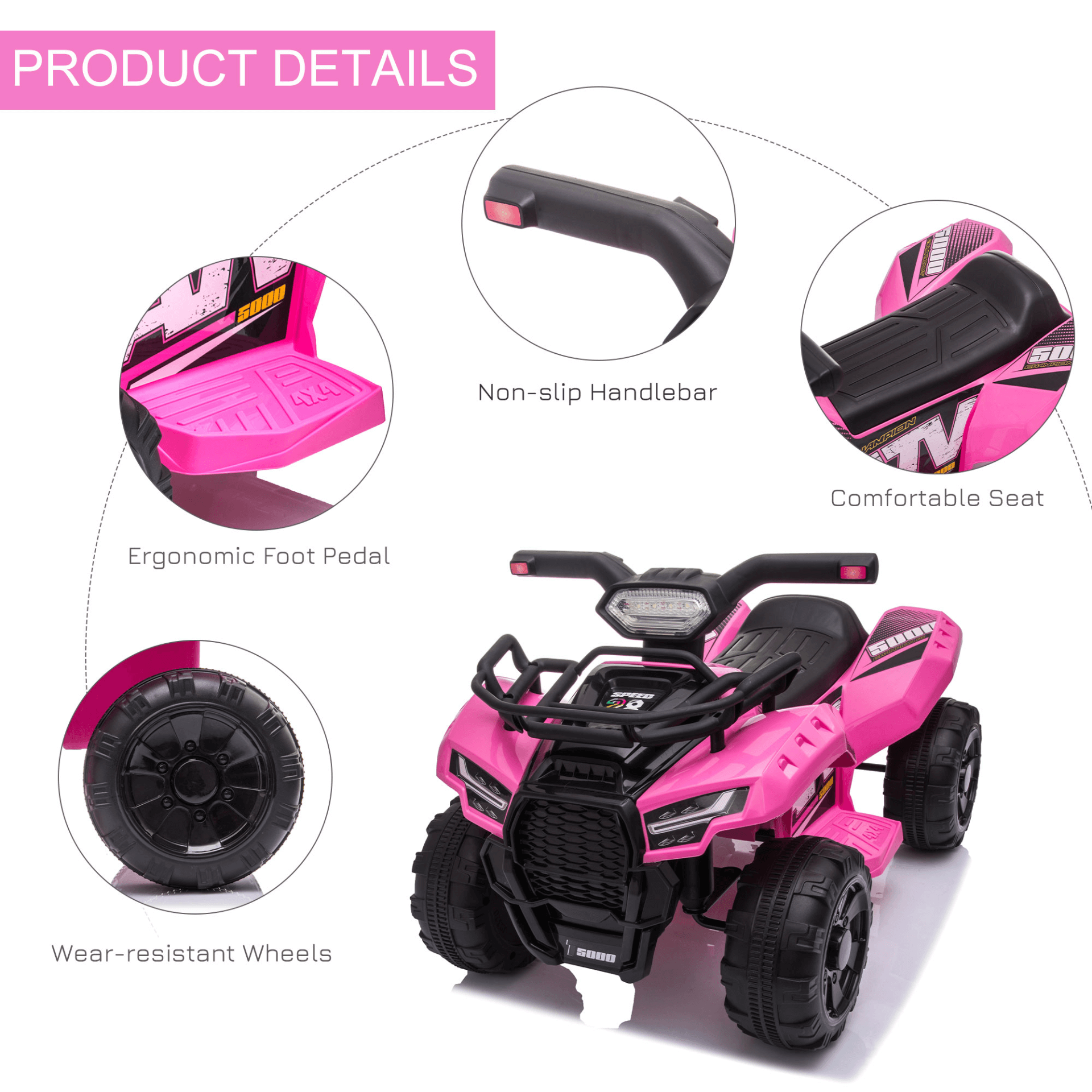 Pink 6V Quad Bike for Kids - Toddlers ATV Ride On Toy, Thrill your toddler with the HOMCOM 6V Electric Ride On Car! Ideal for 18-36 mo. with music & forward motion for endless fun. Safe & exciting ride.