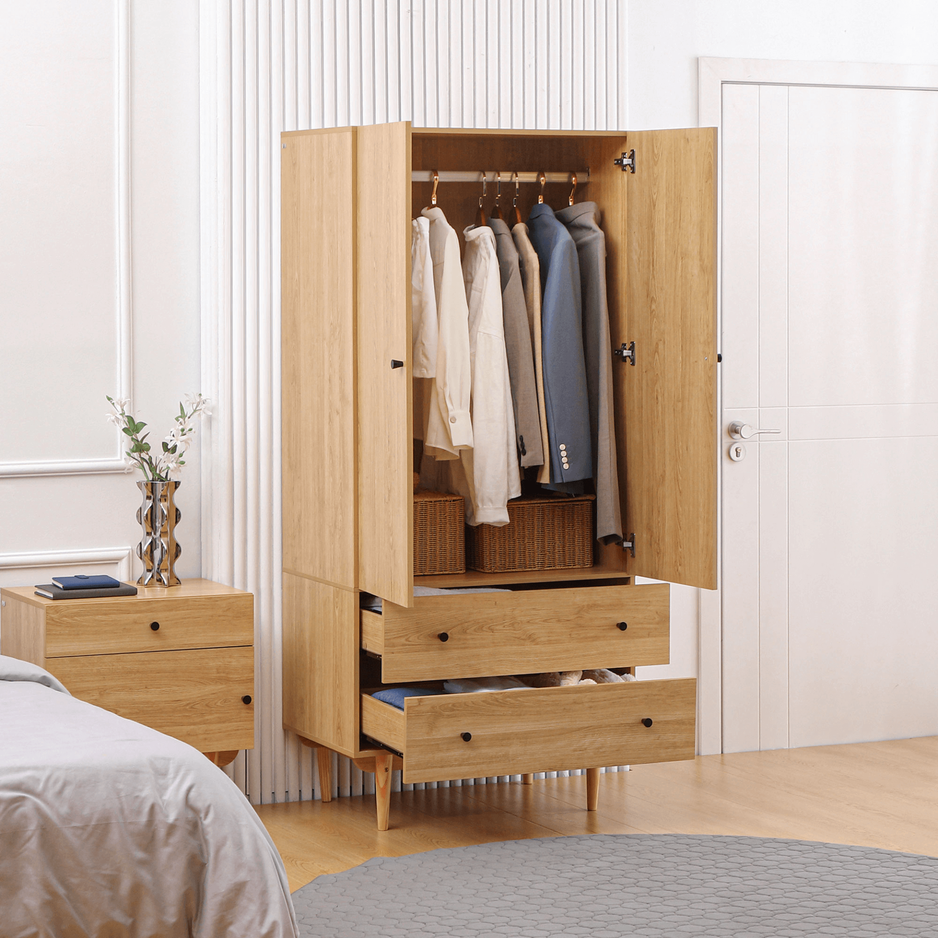 2 Door Wardrobe with Drawers - Stylish Bedroom Storage, Upgrade your bedroom with our 2 Door Wardrobe in natural wood. Ample storage with drawers and hanging rail. Anti-tipping for safety.