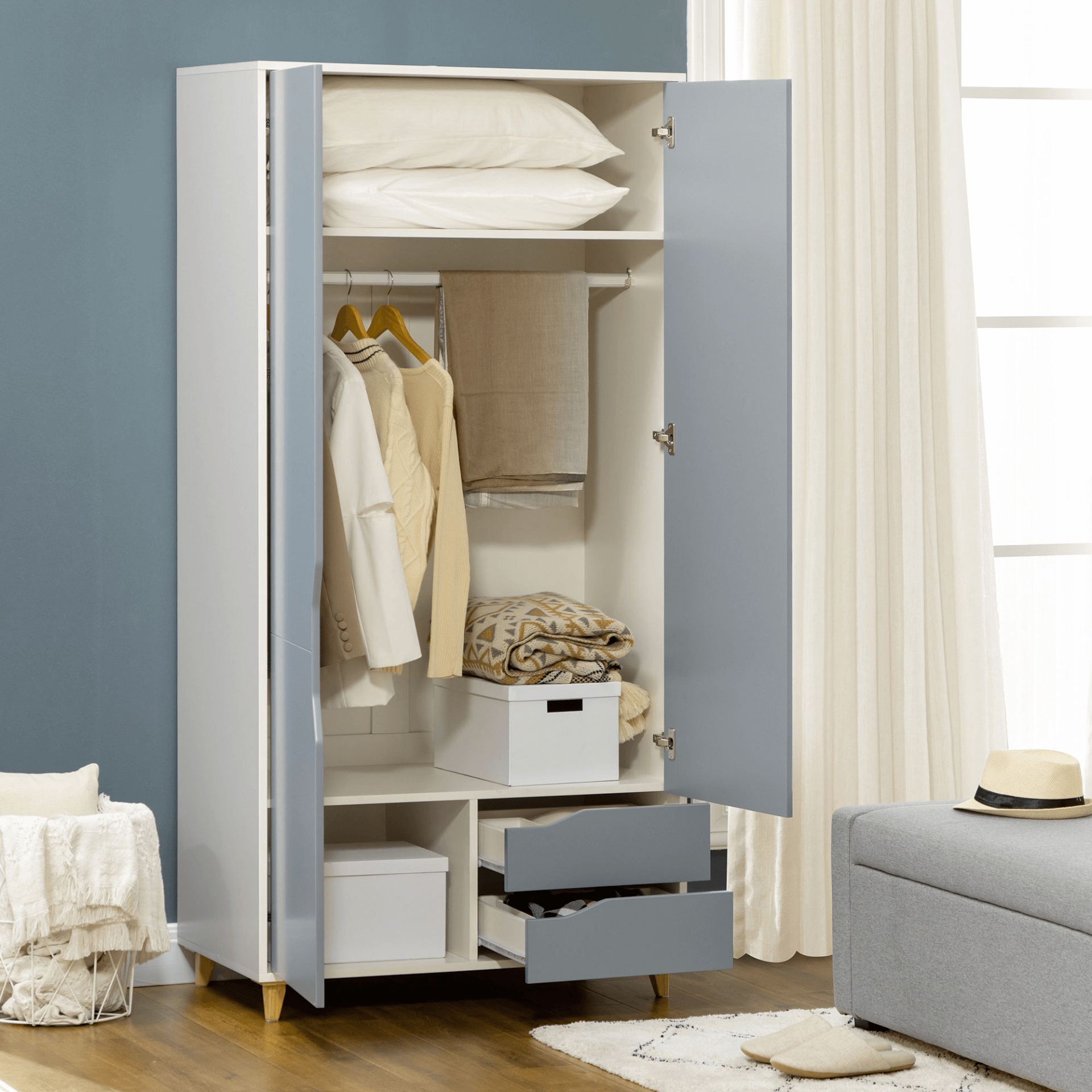 Grey 2 Door Wardrobe with Drawers & Shelves, Discover the 2 Door Wardrobe with spacious shelves, drawers, and a hanging rail. Ideal bedroom storage with a stylish grey finish and anti-tipping design.