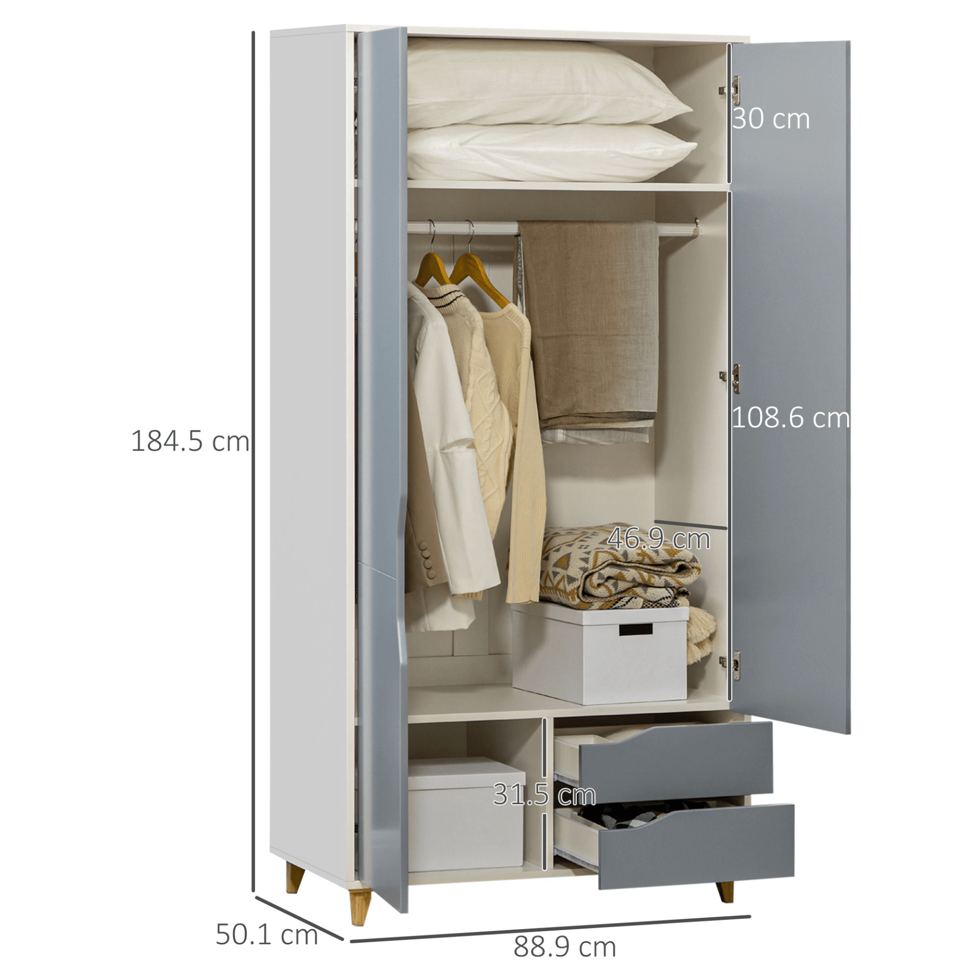 Grey 2 Door Wardrobe with Drawers & Shelves, Discover the 2 Door Wardrobe with spacious shelves, drawers, and a hanging rail. Ideal bedroom storage with a stylish grey finish and anti-tipping design.