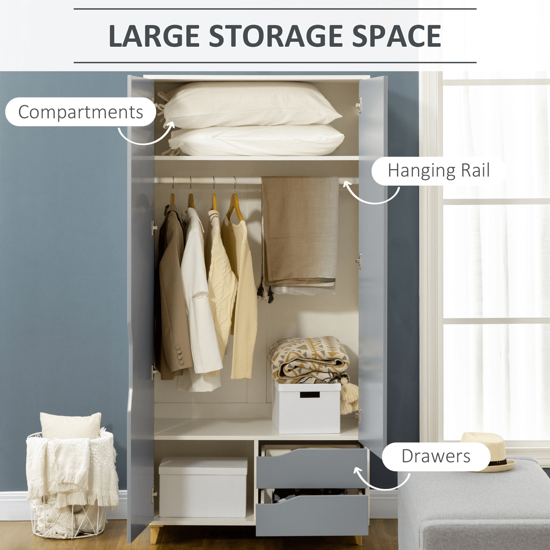 Grey 2 Door Wardrobe with Drawers & Shelves, Discover the 2 Door Wardrobe with spacious shelves, drawers, and a hanging rail. Ideal bedroom storage with a stylish grey finish and anti-tipping design.