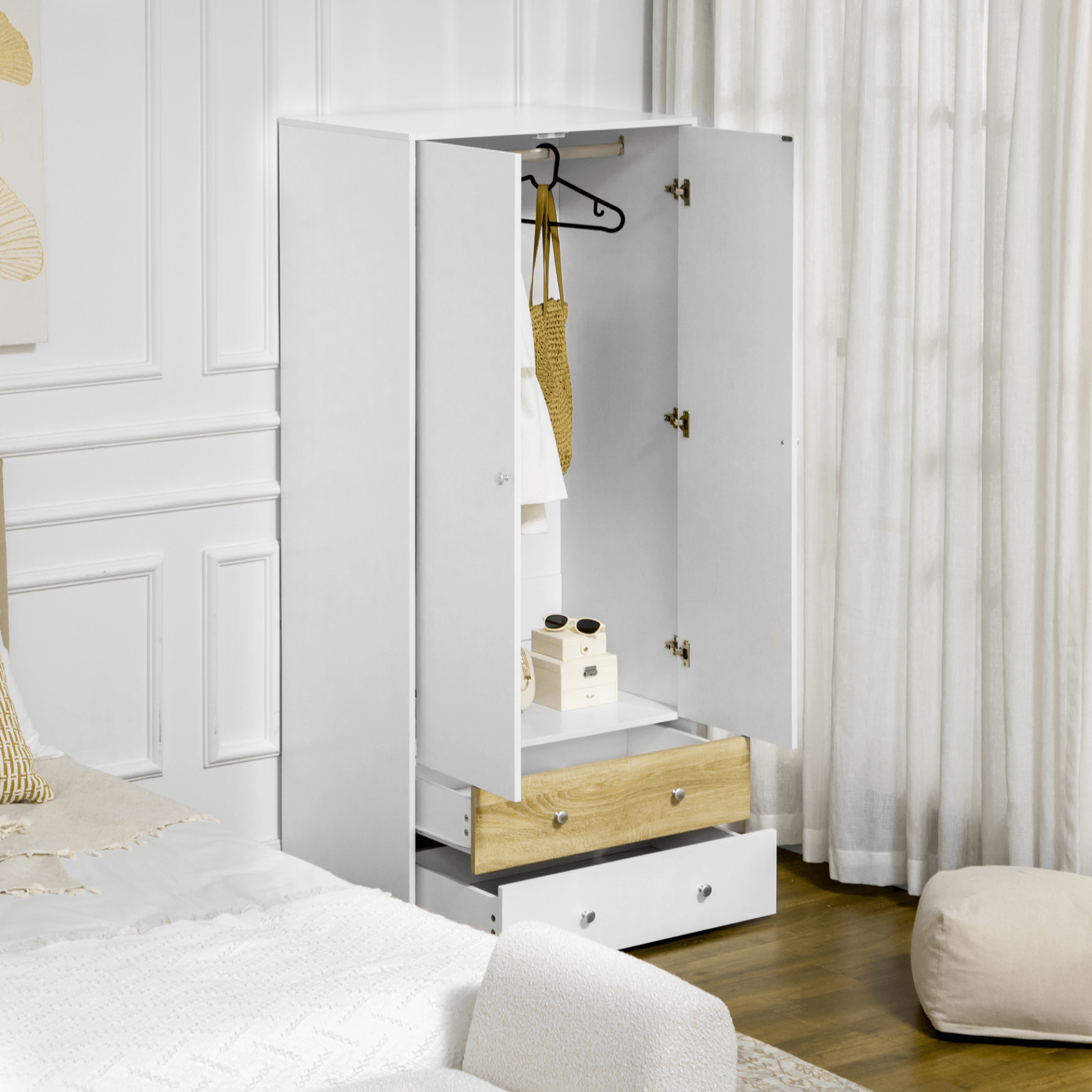 Stylish 2-Door Wardrobe with Drawers & Hanging Rod, Optimize bedroom storage with this white 2-door wardrobe. Features drawers, hanging space, and anti-tipping straps. Elegant and functional design.