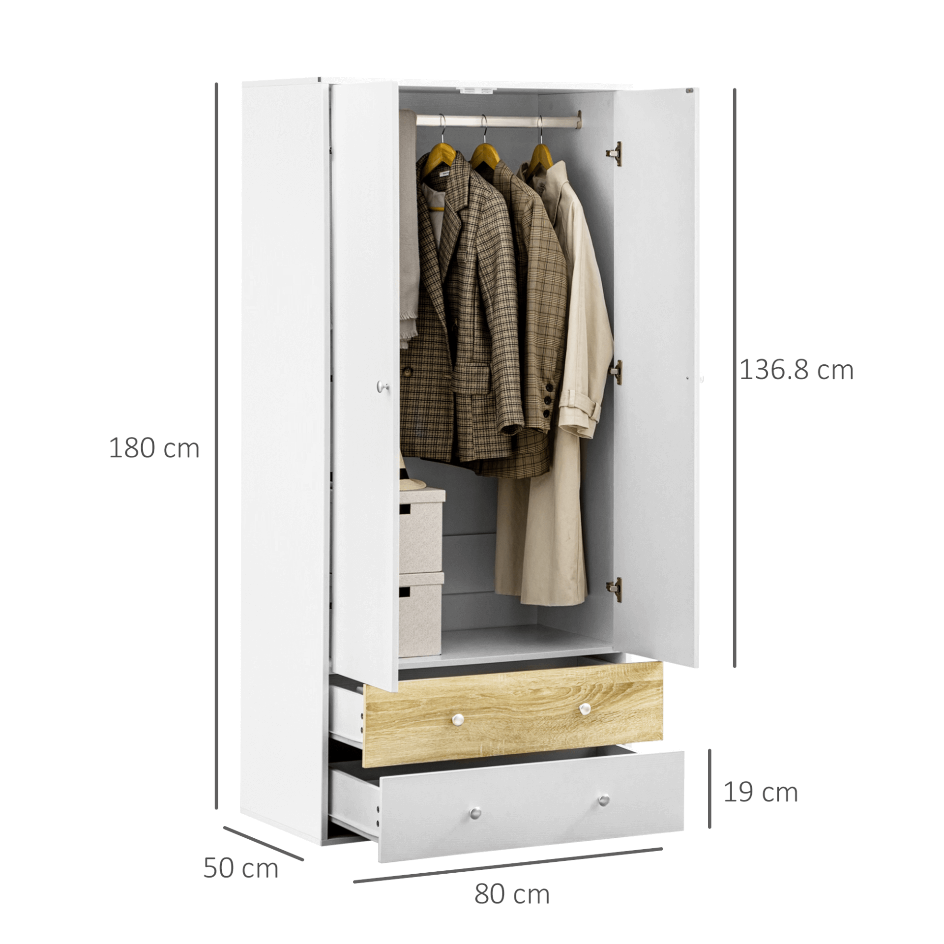 Stylish 2-Door Wardrobe with Drawers & Hanging Rod, Optimize bedroom storage with this white 2-door wardrobe. Features drawers, hanging space, and anti-tipping straps. Elegant and functional design.