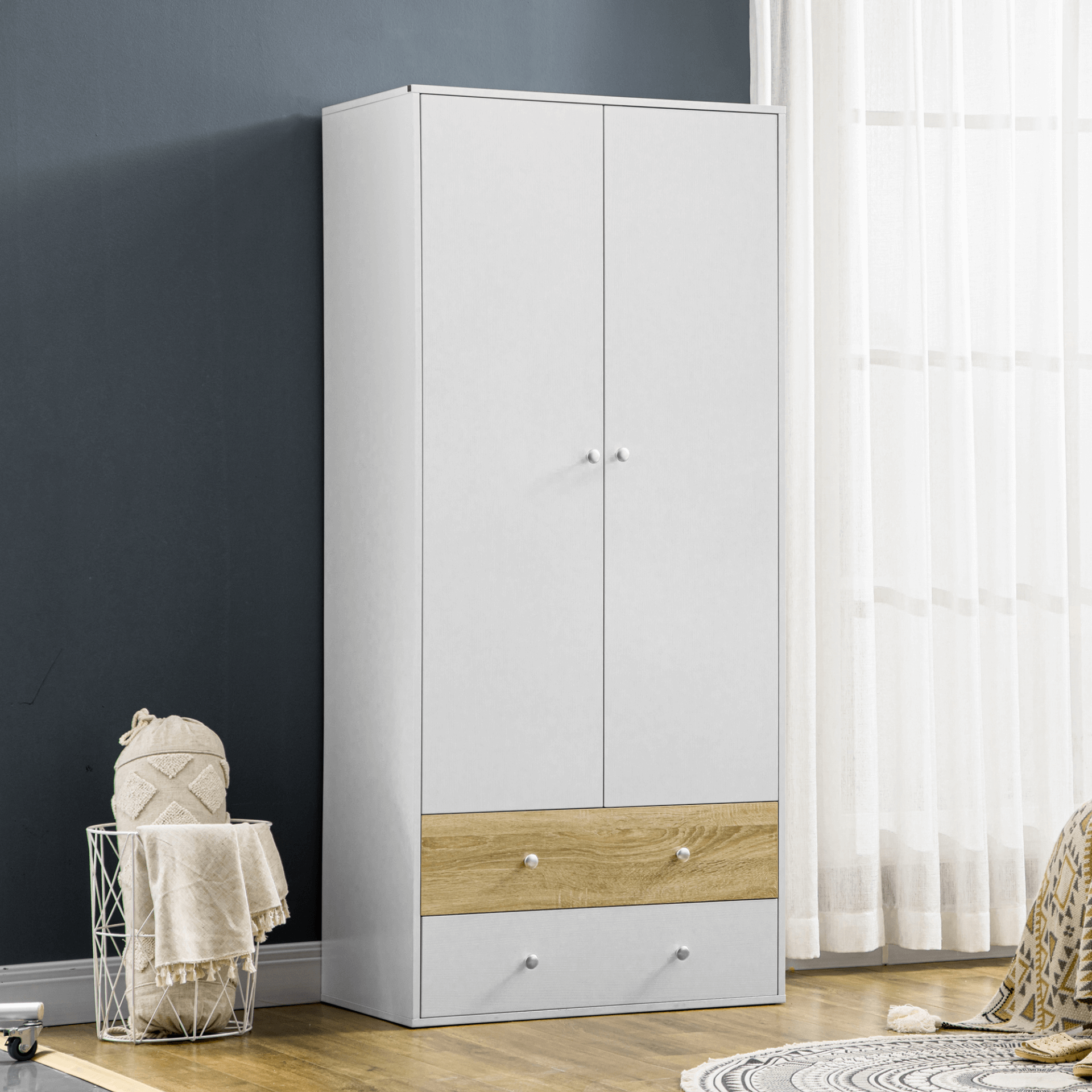 Stylish 2-Door Wardrobe with Drawers & Hanging Rod, Optimize bedroom storage with this white 2-door wardrobe. Features drawers, hanging space, and anti-tipping straps. Elegant and functional design.