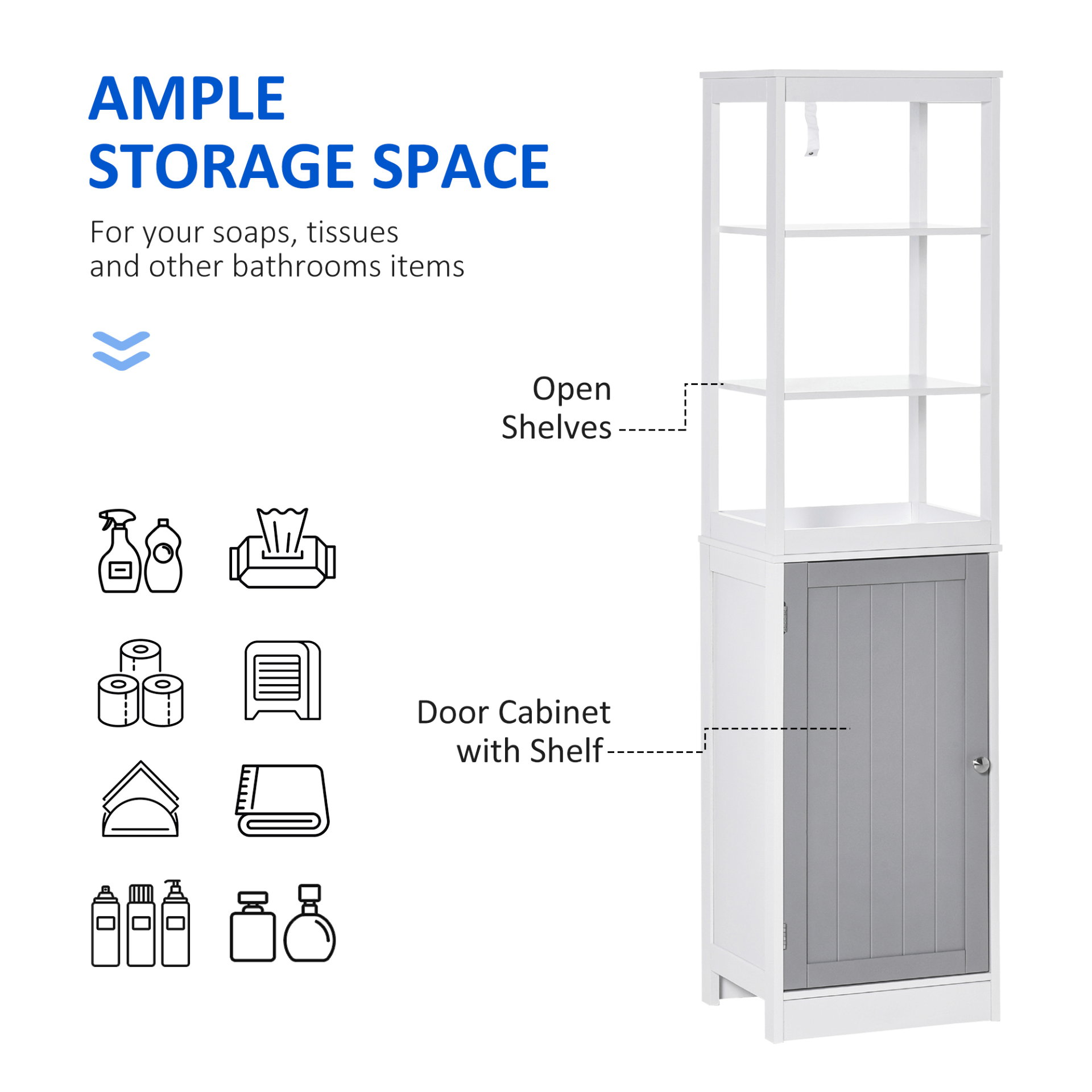 Kleankin Tall Bathroom Cabinet - Slimline Storage Solution, Maximize space with this durable, versatile cabinet—perfect for towels, toiletries, and more in any room. Ideal for compact areas.