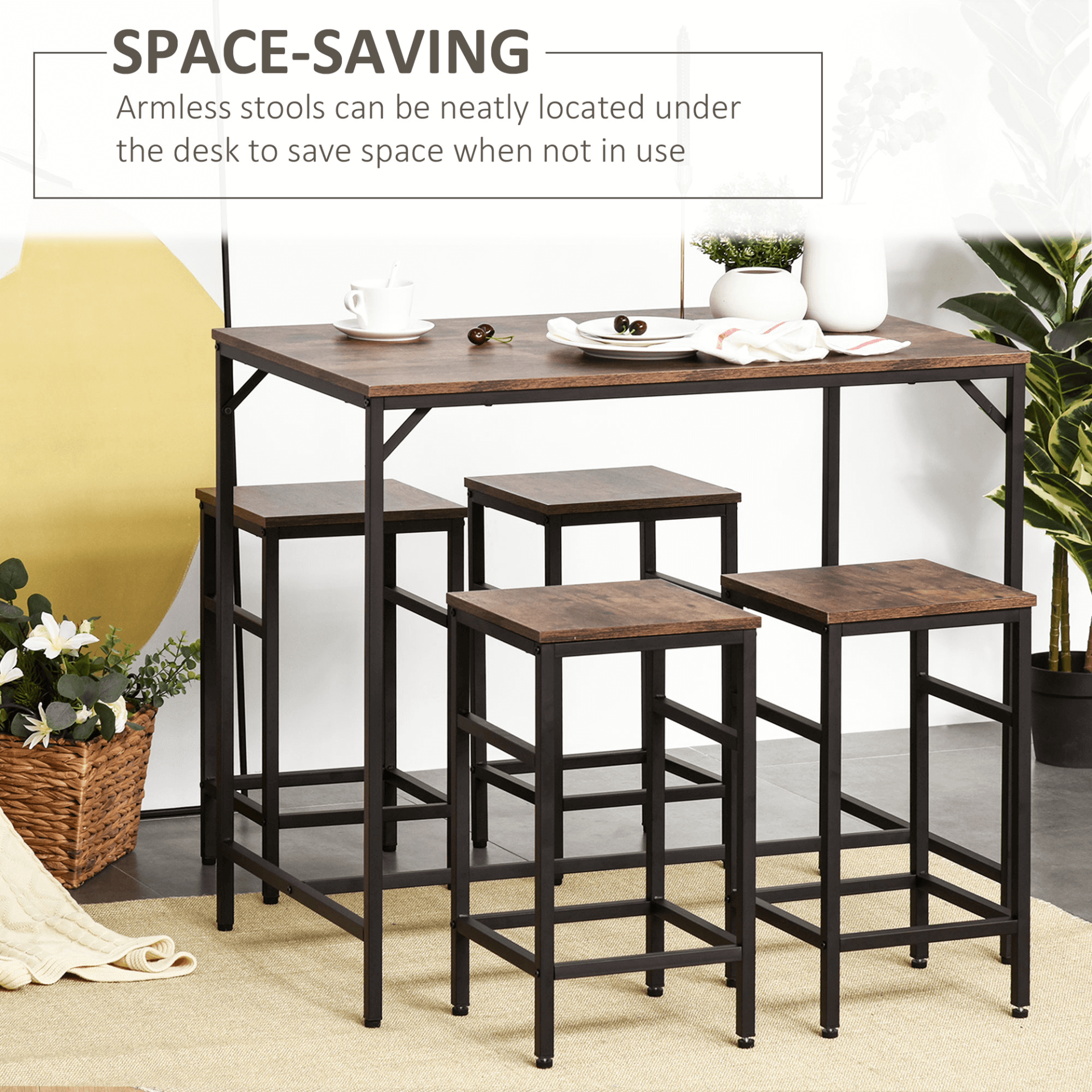 Rustic Bar Table Set with 4 Stools - HOMCOM, Elevate your dining with the HOMCOM Industrial Bar Table Set. This space-saving set includes 4 stools and features rustic wood and steel for a modern look.