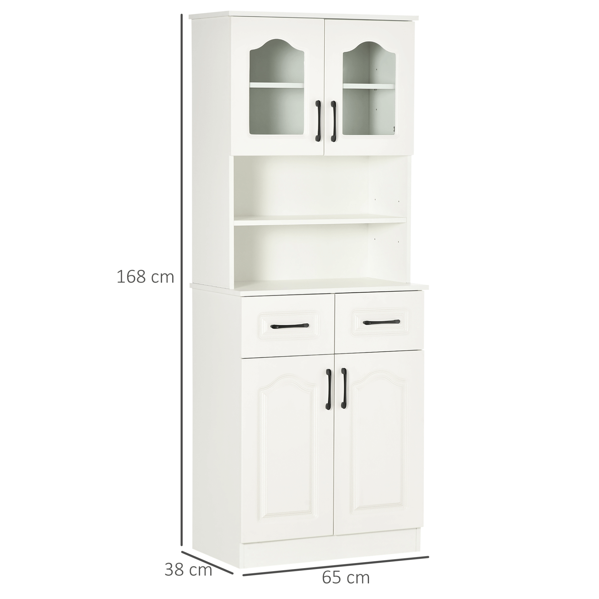 HOMCOM Freestanding White Kitchen Cupboard - 168cm, Optimize kitchen storage with HOMCOM's elegant cupboard featuring adjustable shelves, drawers, and stylish glass doors. Perfect for any space!