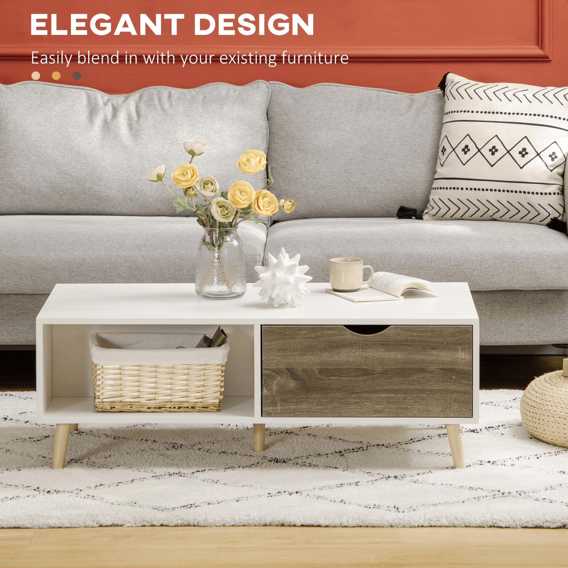 Modern Coffee Table with Storage - White, Elevate your home with our sleek coffee table. Features ample storage, solid wood legs, and a modern white finish. Perfect for any decor.