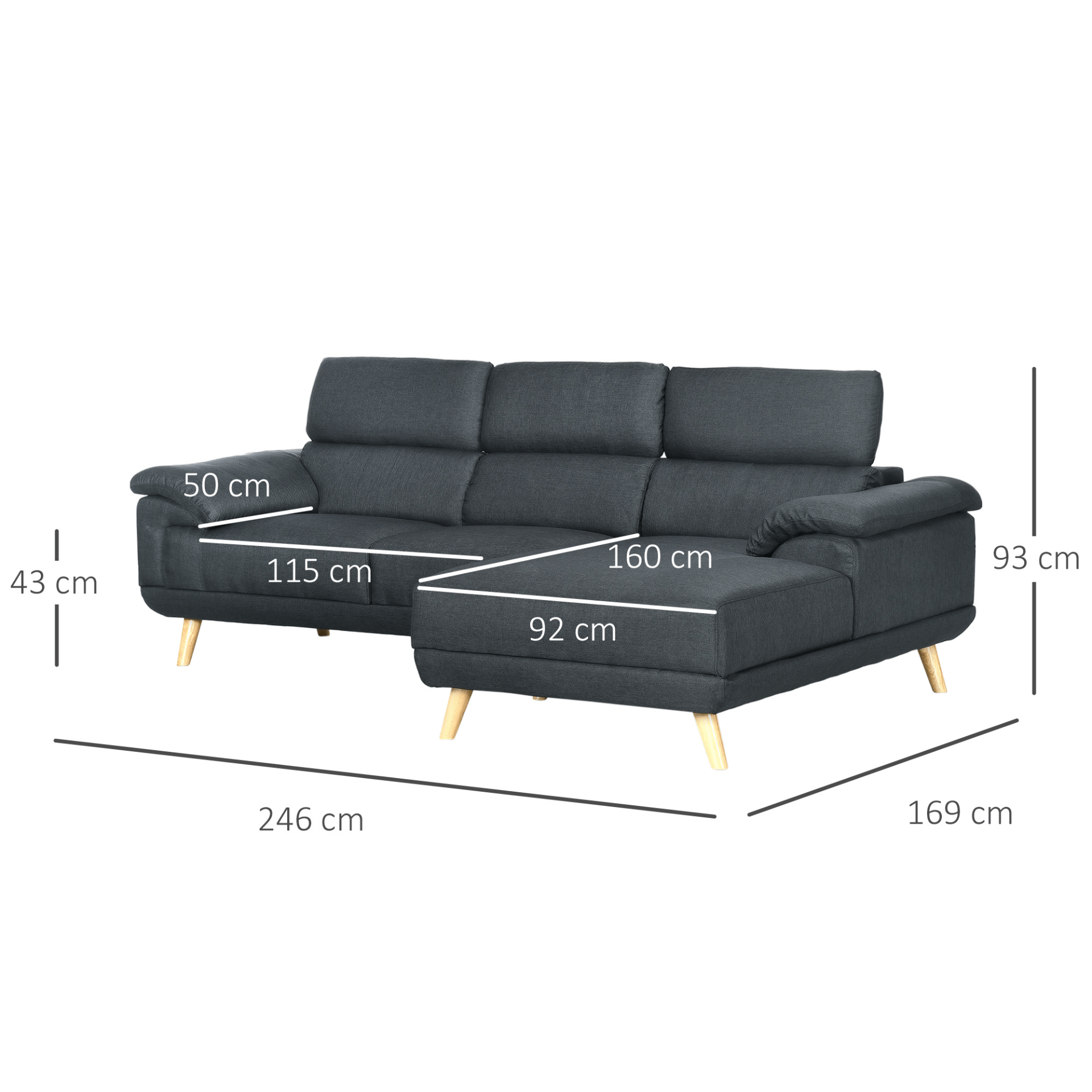 Dark Grey L Shaped Sofa with Adjustable Headrests, Upgrade your living room with the stylish Dark Grey Fabric L Shaped Corner Sofa featuring adjustable headrests for ultimate comfort. Perfect for any home.