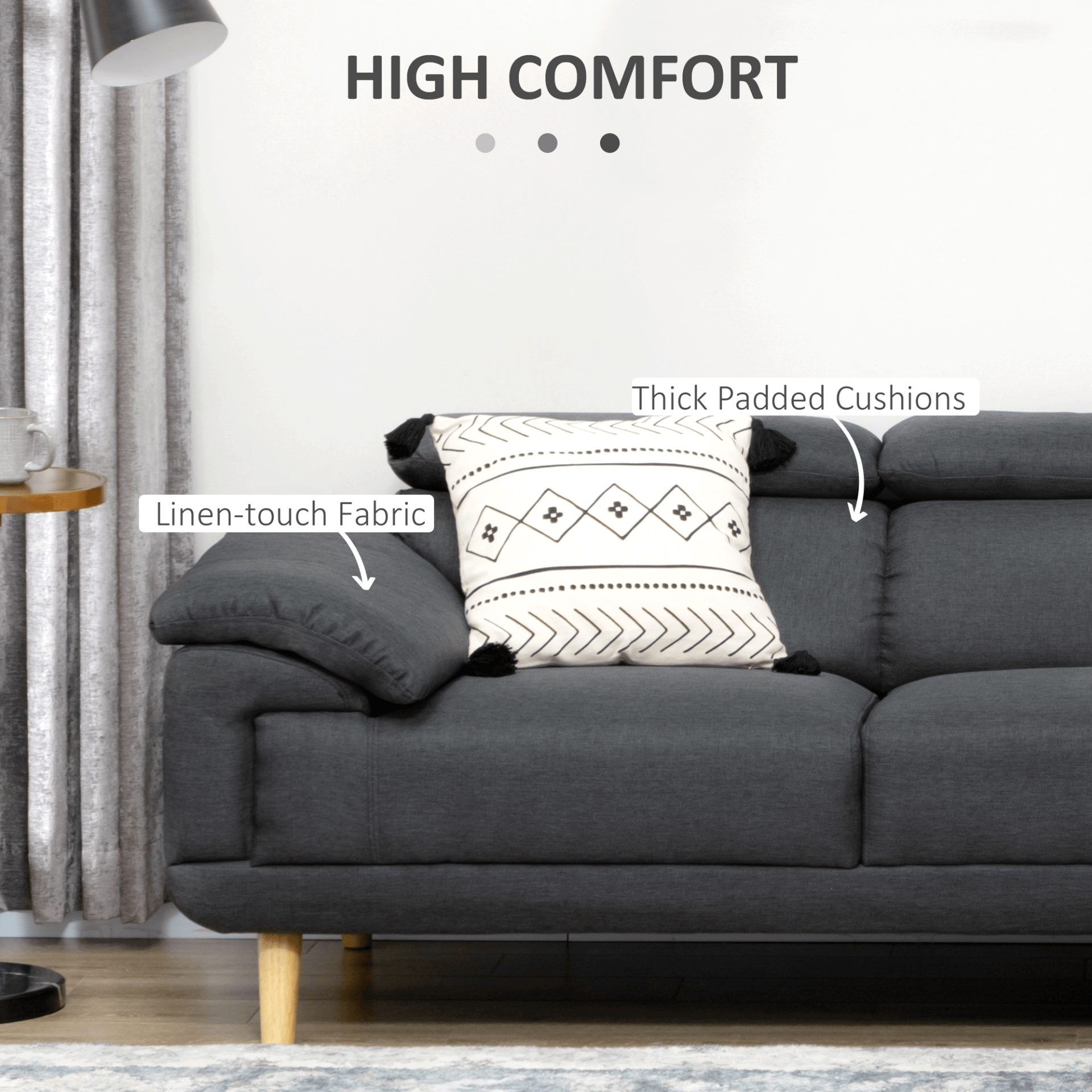 Dark Grey L Shaped Sofa with Adjustable Headrests, Upgrade your living room with the stylish Dark Grey Fabric L Shaped Corner Sofa featuring adjustable headrests for ultimate comfort. Perfect for any home.