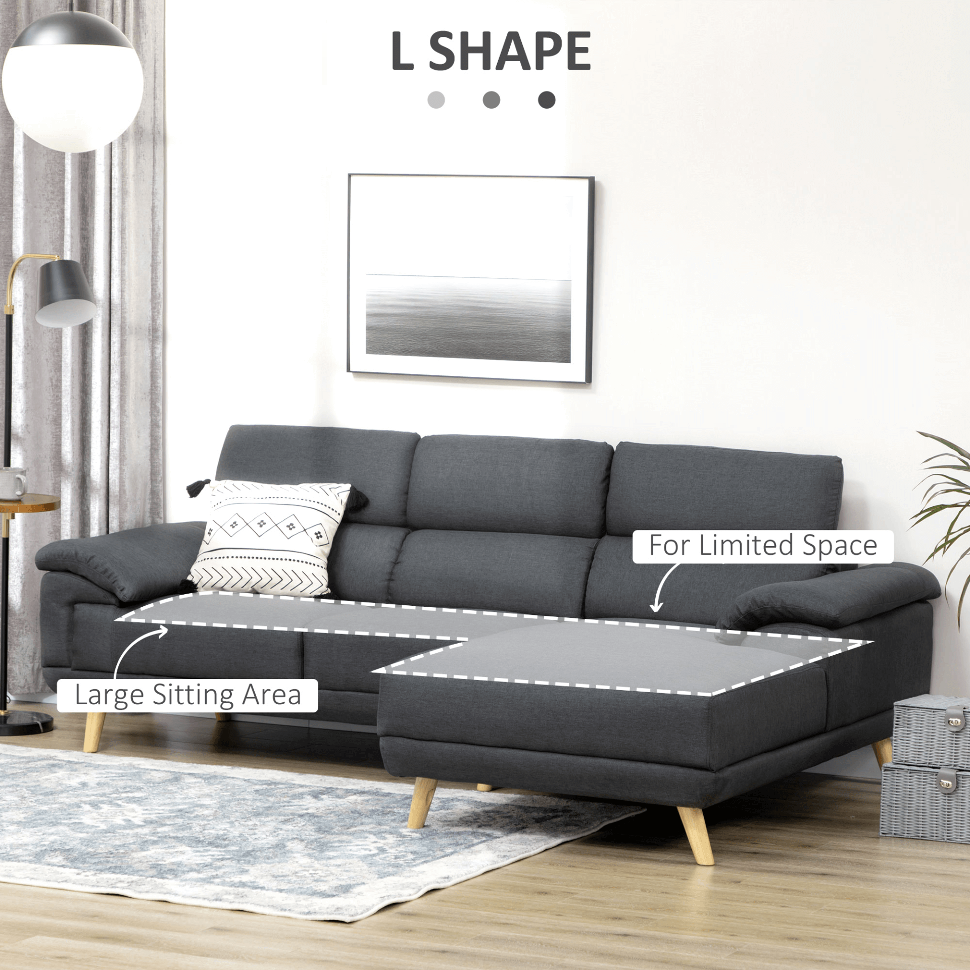 Dark Grey L Shaped Sofa with Adjustable Headrests, Upgrade your living room with the stylish Dark Grey Fabric L Shaped Corner Sofa featuring adjustable headrests for ultimate comfort. Perfect for any home.