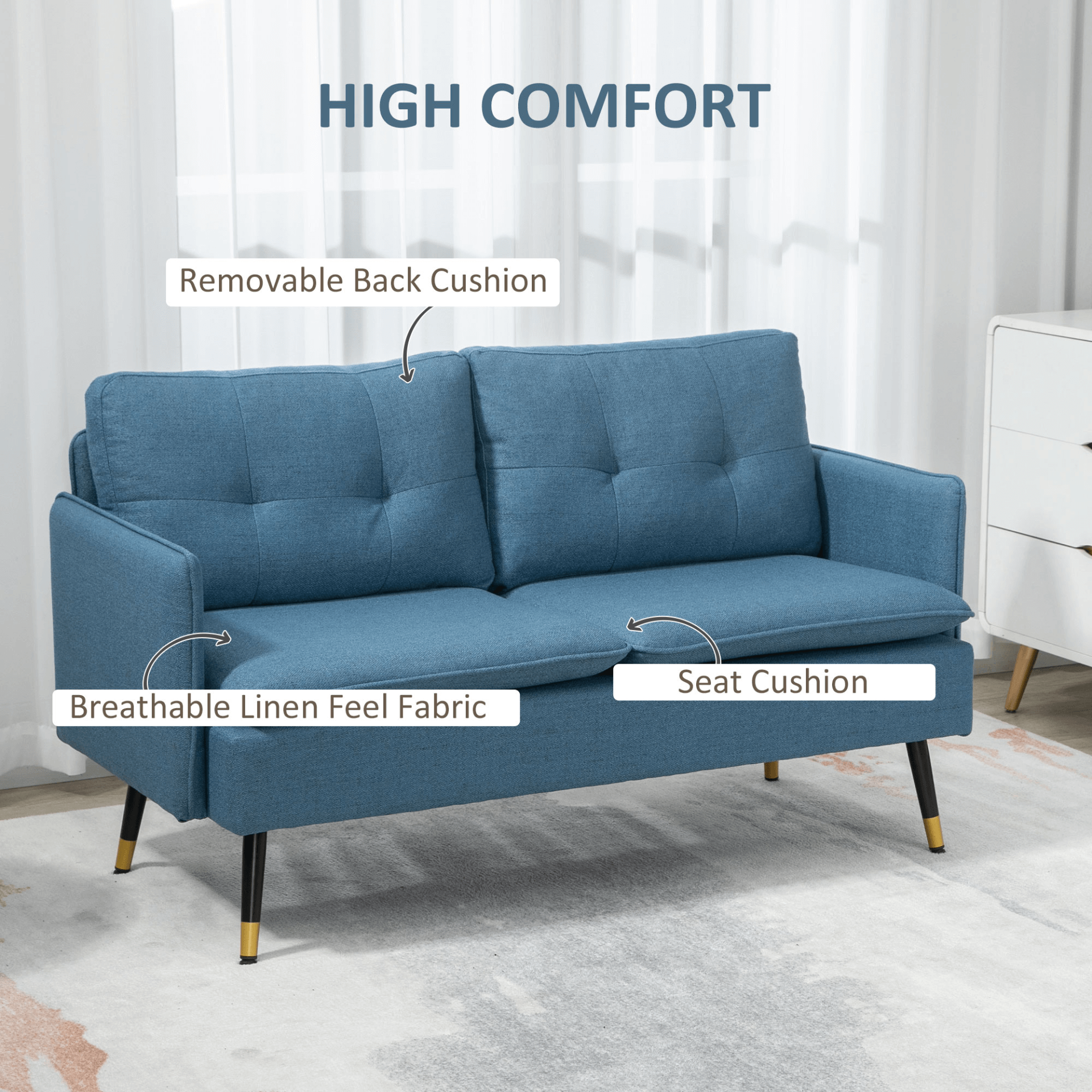 Elegant Button Tufted 2 Seater Sofa - Dark Blue, Elevate your living room's decor with our compact, dark blue 2 seater sofa. Perfect for small spaces and cozy seating experiences.