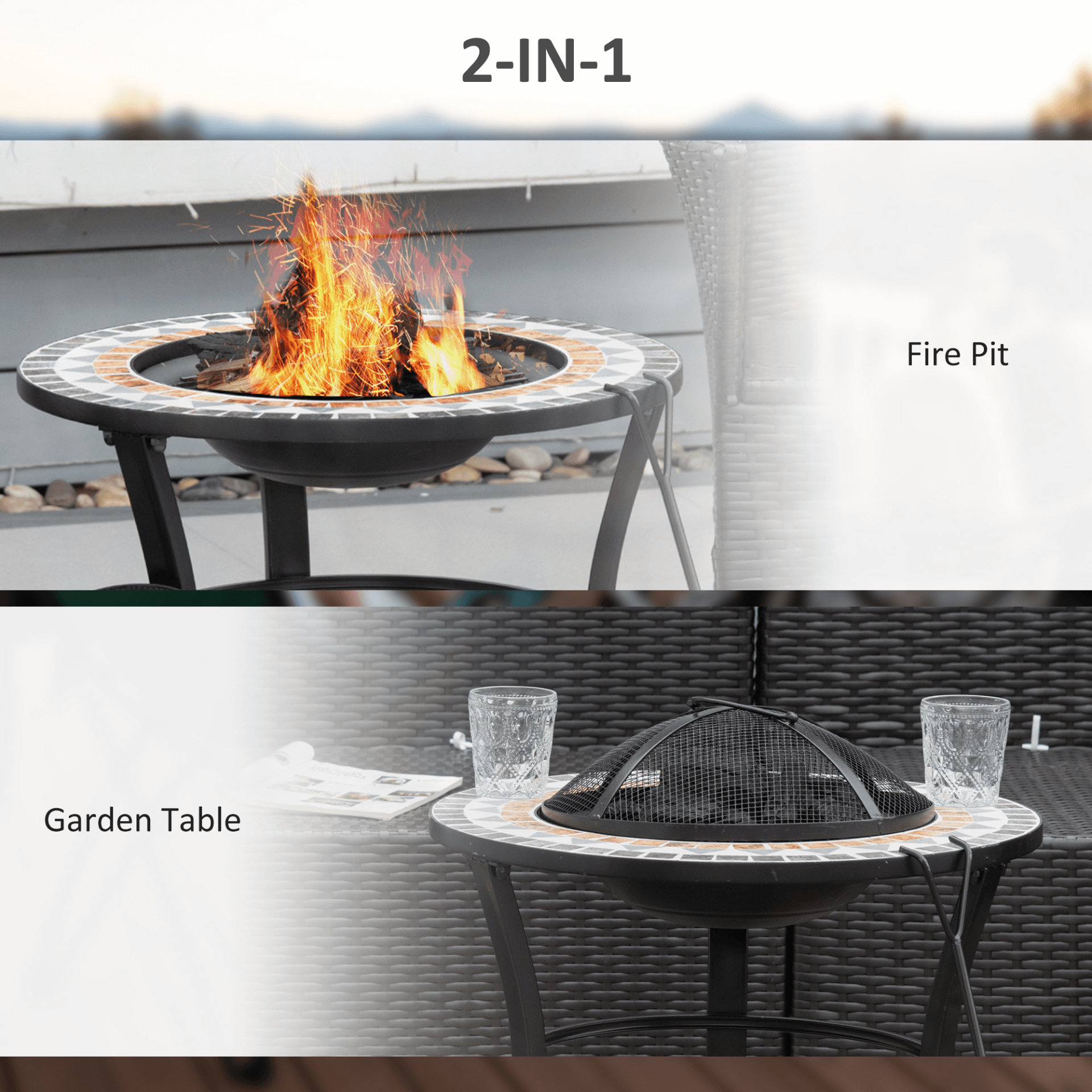 Outsunny 60cm Mosaic Outdoor Fire Pit Table, Elevate your garden gatherings with the stylish Outsunny fire pit table, featuring a mosaic design, spark screen, and fire poker.