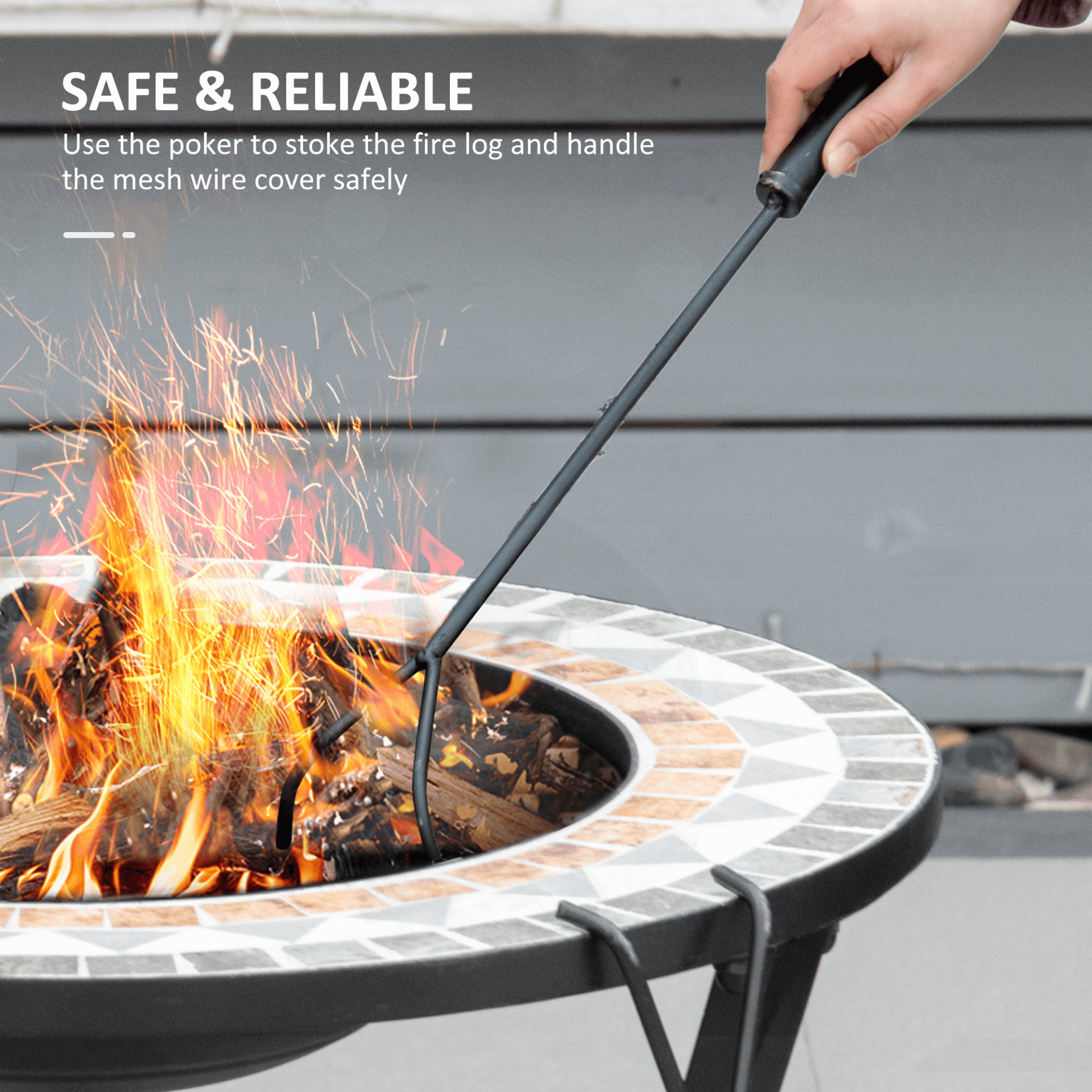 Outsunny 60cm Mosaic Outdoor Fire Pit Table, Elevate your garden gatherings with the stylish Outsunny fire pit table, featuring a mosaic design, spark screen, and fire poker.