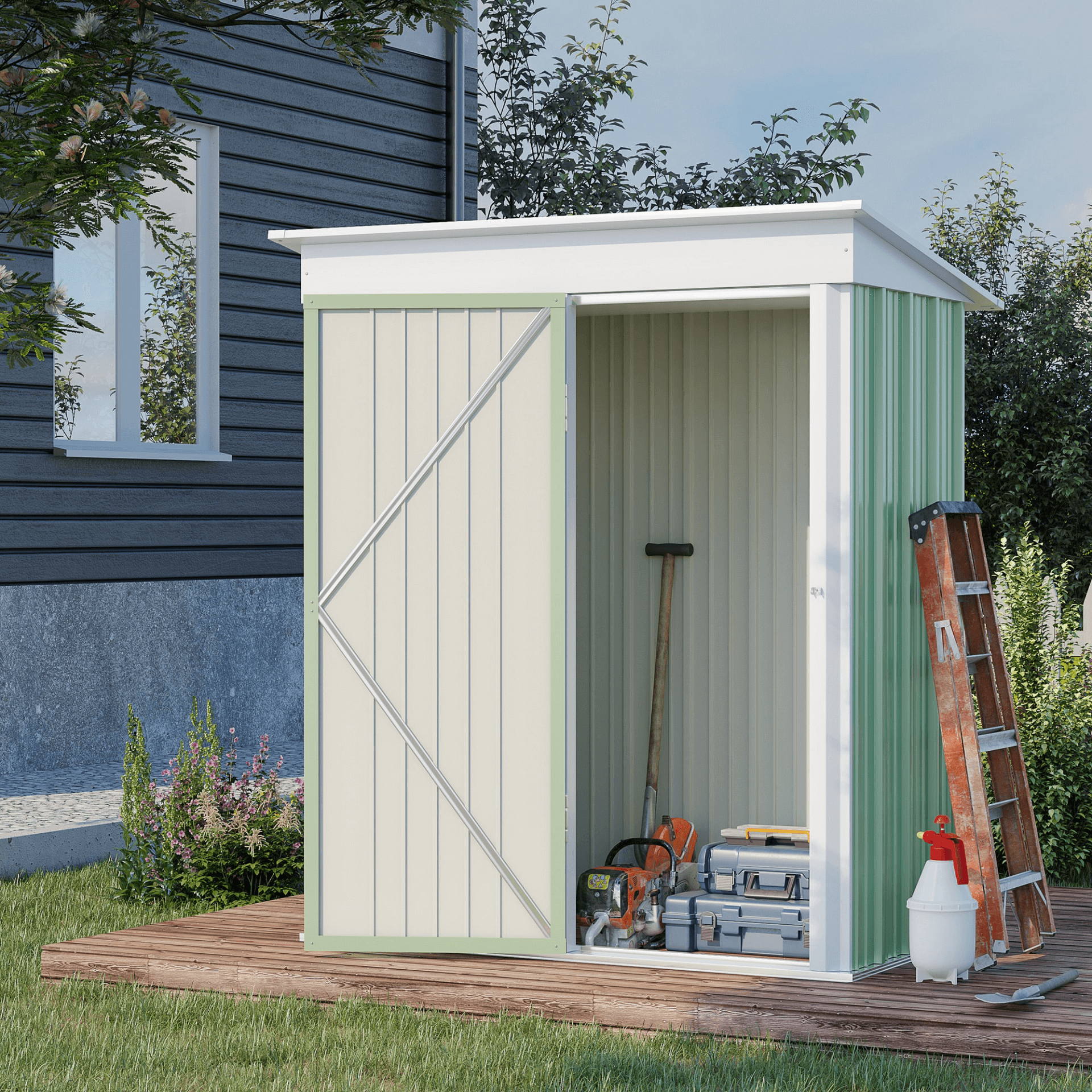 Steel Garden Shed with Lean-to Design | 5x3 ft Green, Compact 5x3 ft steel garden shed with lean-to design. Includes adjustable shelf, lock, and gloves. Perfect storage for tools, lawn mower, and bikes.