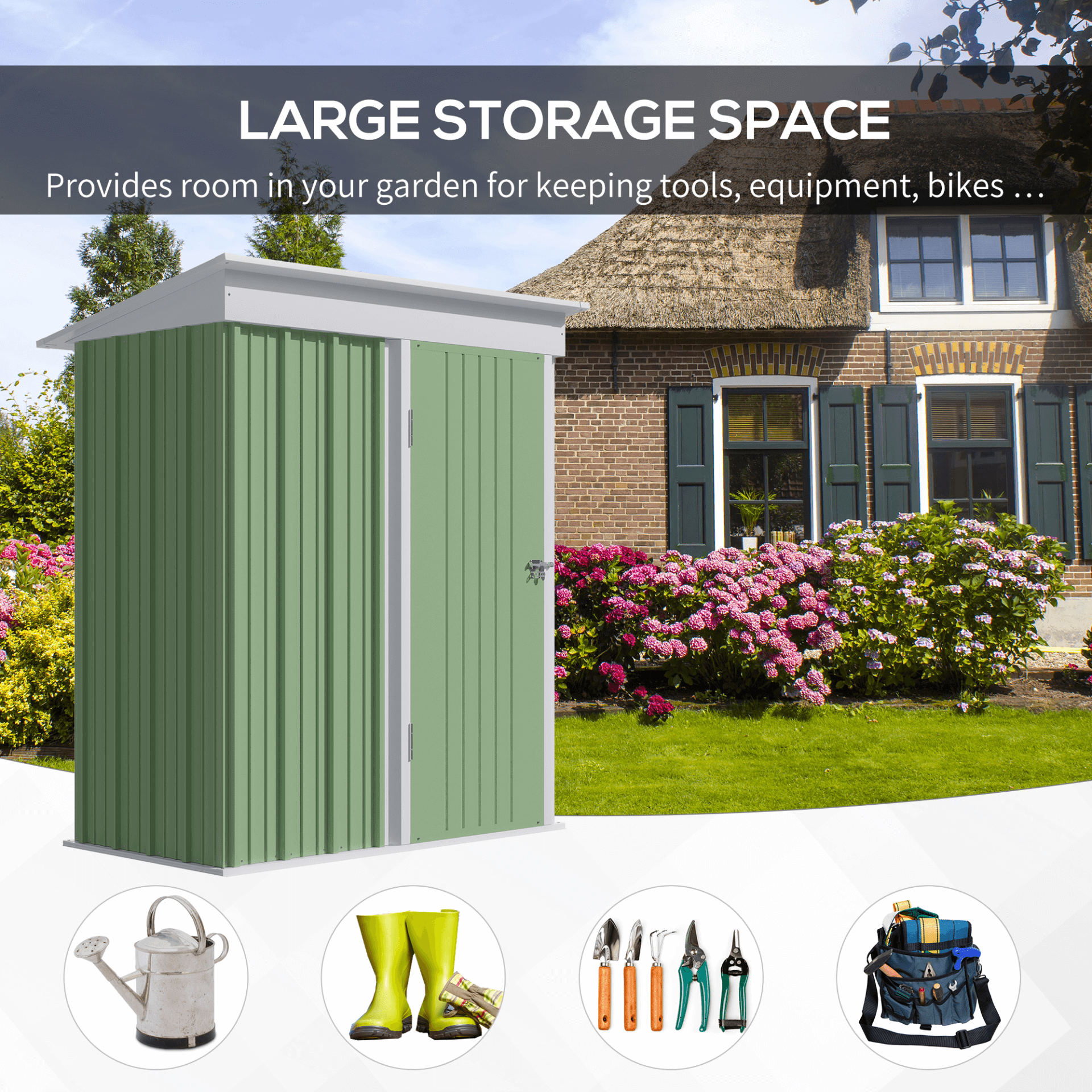 Steel Garden Shed with Lean-to Design | 5x3 ft Green, Compact 5x3 ft steel garden shed with lean-to design. Includes adjustable shelf, lock, and gloves. Perfect storage for tools, lawn mower, and bikes.