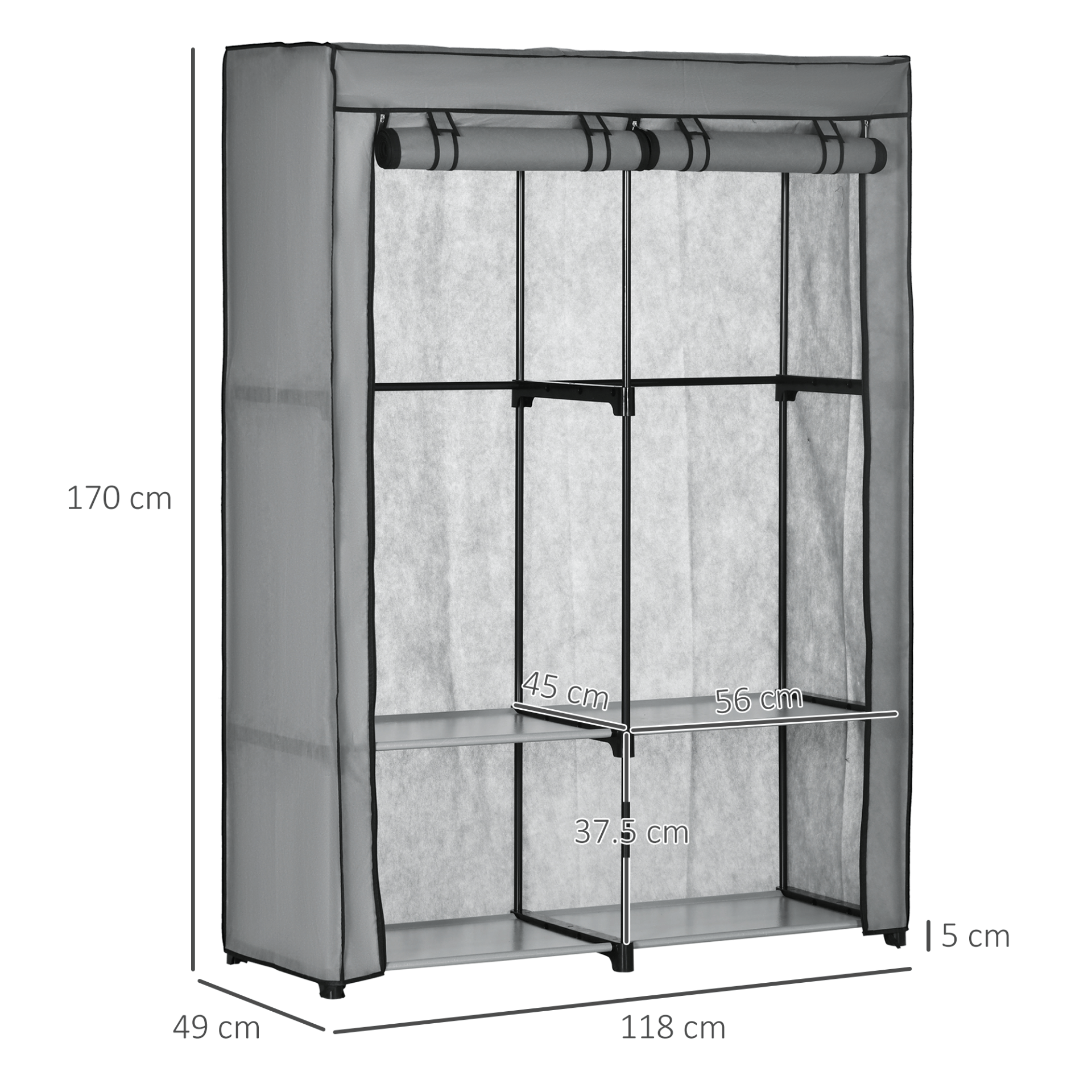 HOMCOM Portable Fabric Wardrobe - Light Grey Foldable Closet, Maximize storage with this foldable wardrobe featuring shelves and hanging rails. Ideal for organizing clothes and accessories anywhere.