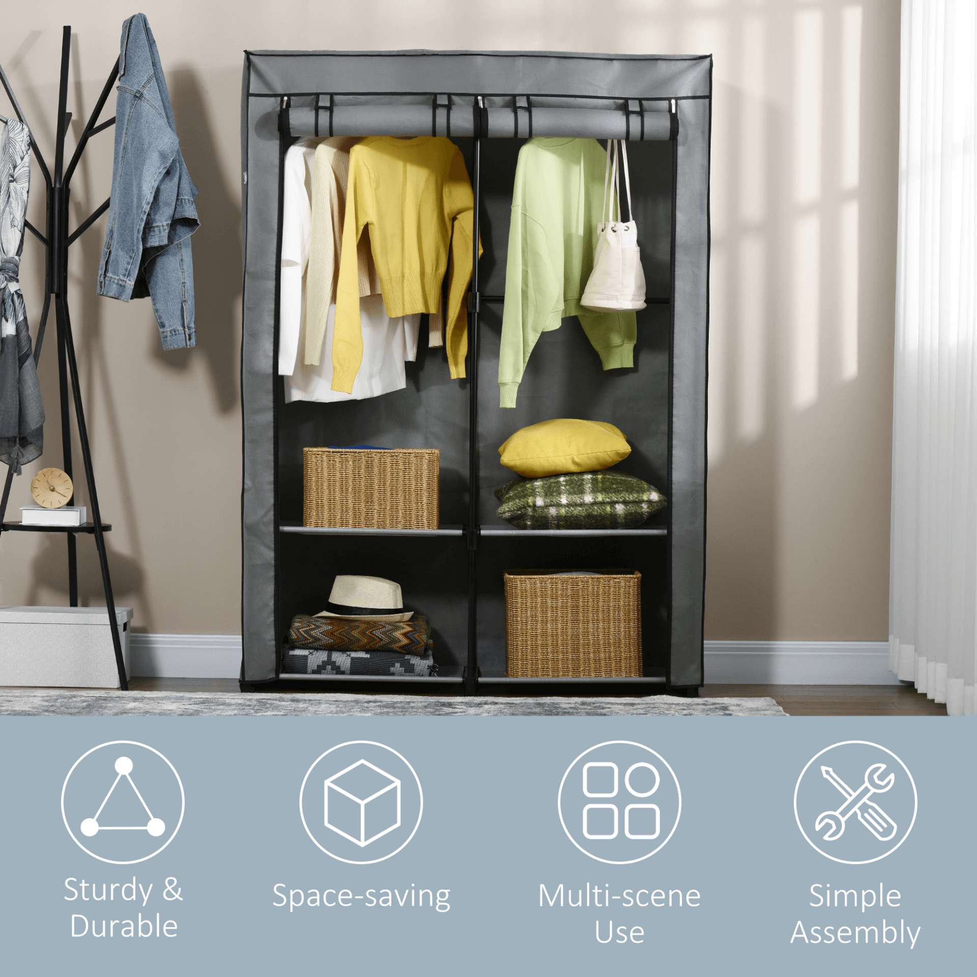 HOMCOM Portable Fabric Wardrobe - Light Grey Foldable Closet, Maximize storage with this foldable wardrobe featuring shelves and hanging rails. Ideal for organizing clothes and accessories anywhere.