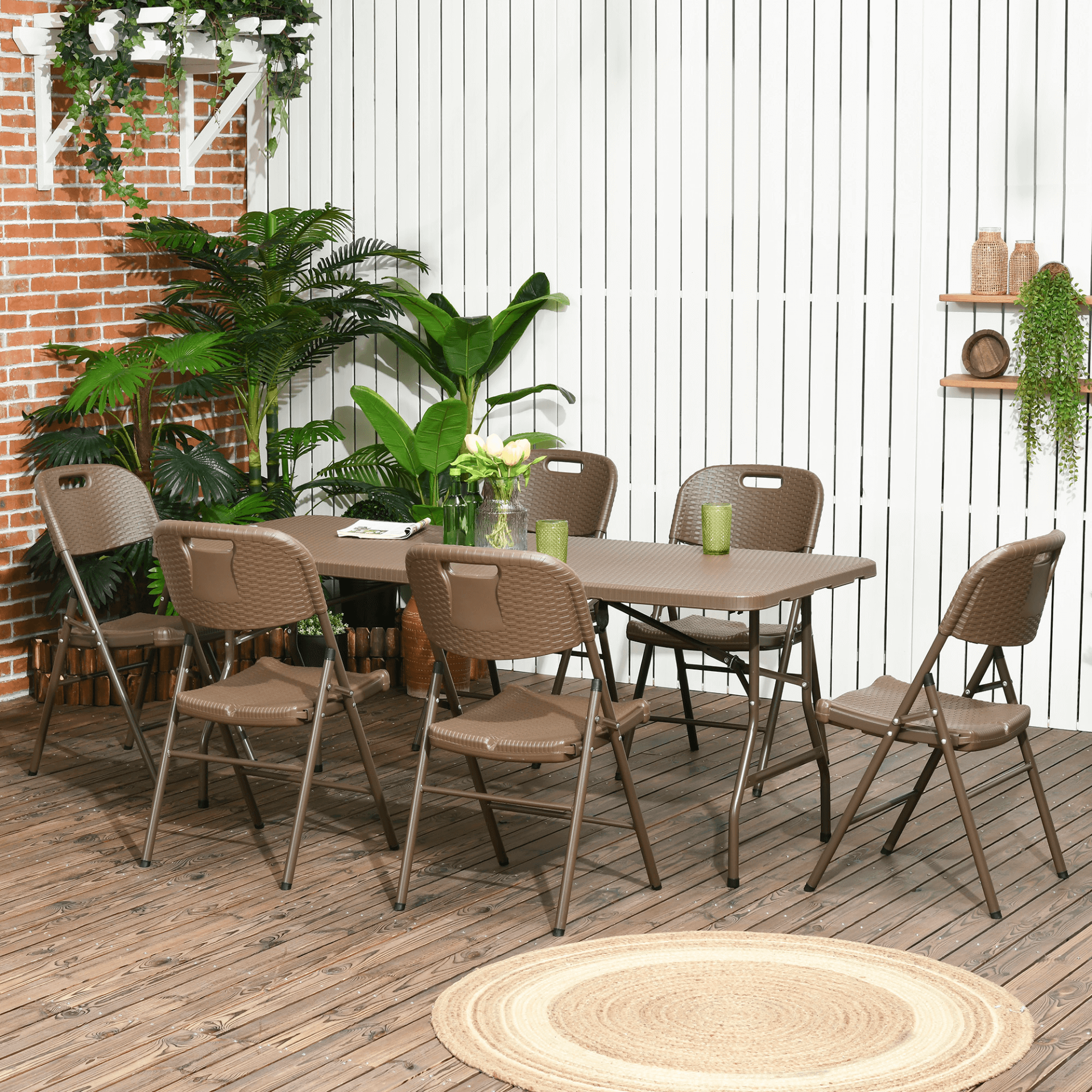 Patio 7 PCs Resin Rattan Dining Set - Dark Brown, Enhance your outdoor space with the Outsunny Patio 7 PCs Resin Rattan Dining Set, featuring foldable chairs and a durable dining table.