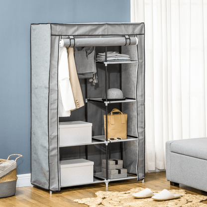 HOMCOM Light Grey Portable Fabric Wardrobe - 6 Shelves, Organize your space stylishly with the HOMCOM Portable Fabric Wardrobe featuring 6 shelves and hanging rail for versatile storage solutions.