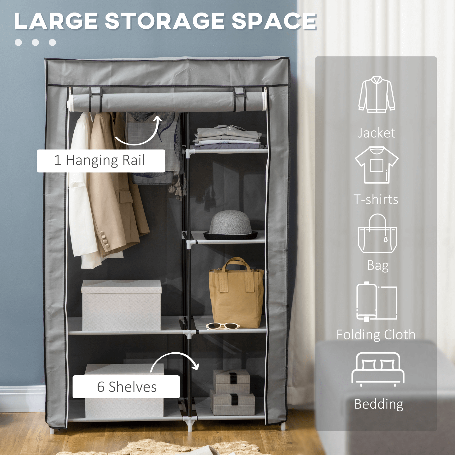 HOMCOM Light Grey Portable Fabric Wardrobe - 6 Shelves, Organize your space stylishly with the HOMCOM Portable Fabric Wardrobe featuring 6 shelves and hanging rail for versatile storage solutions.