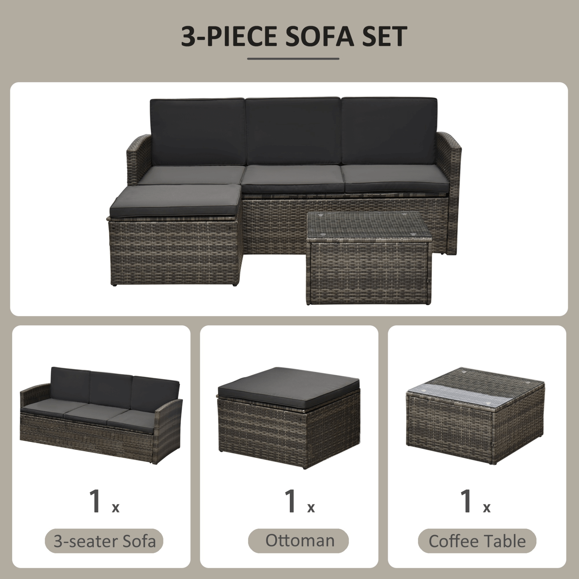 Rattan Garden Sofa Set - 4 Seater & Coffee Table, Upgrade your patio with a stylish rattan garden corner sofa set. Perfect for outdoor comfort and durability. Includes coffee table and footstool.