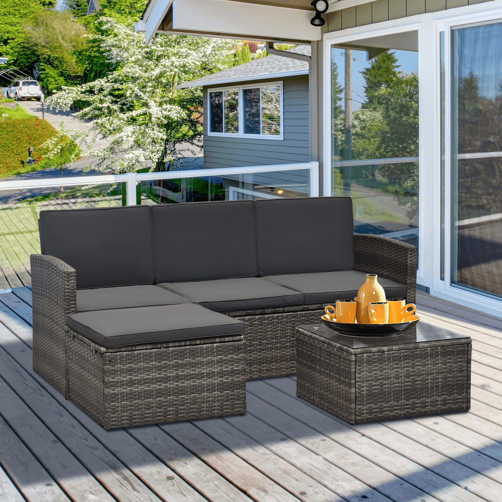 Rattan Garden Sofa Set - 4 Seater & Coffee Table, Upgrade your patio with a stylish rattan garden corner sofa set. Perfect for outdoor comfort and durability. Includes coffee table and footstool.