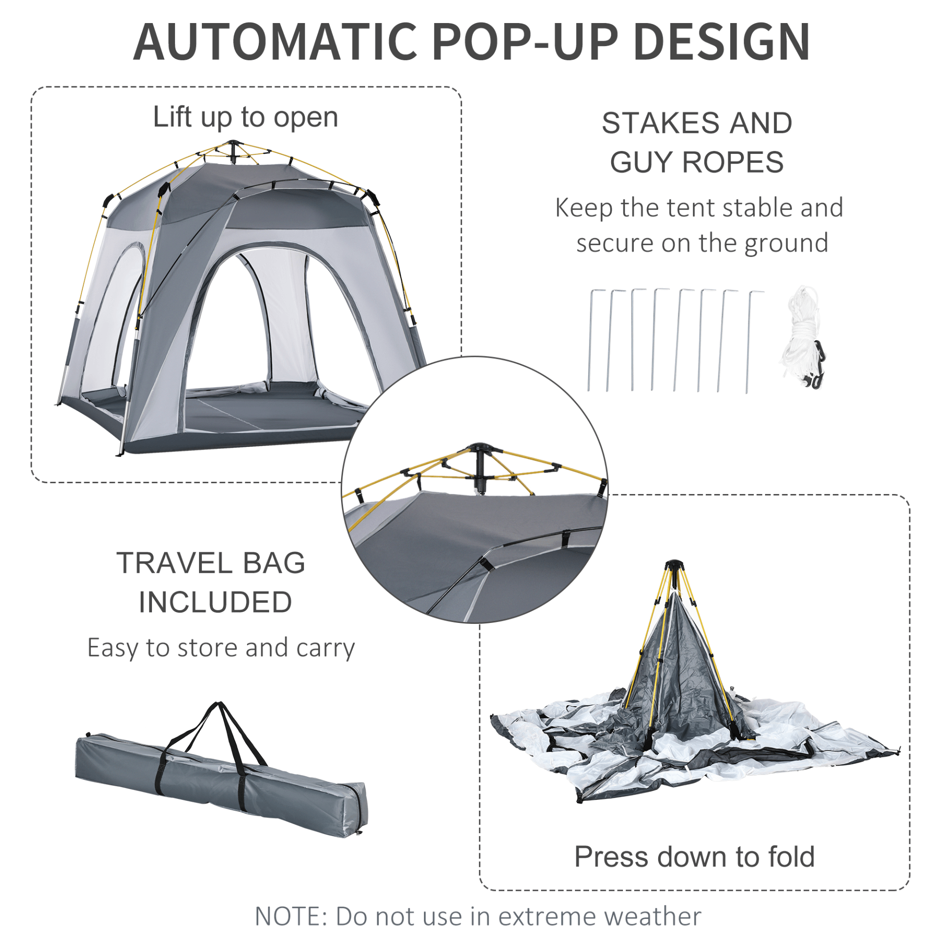 4 Person Pop-Up Camping Tent - Light Grey, Enjoy easy set-up and outdoor fun with the Outsunny 4 Person Automatic Pop-Up Tent. Perfect for camping, hiking, festivals, and more!