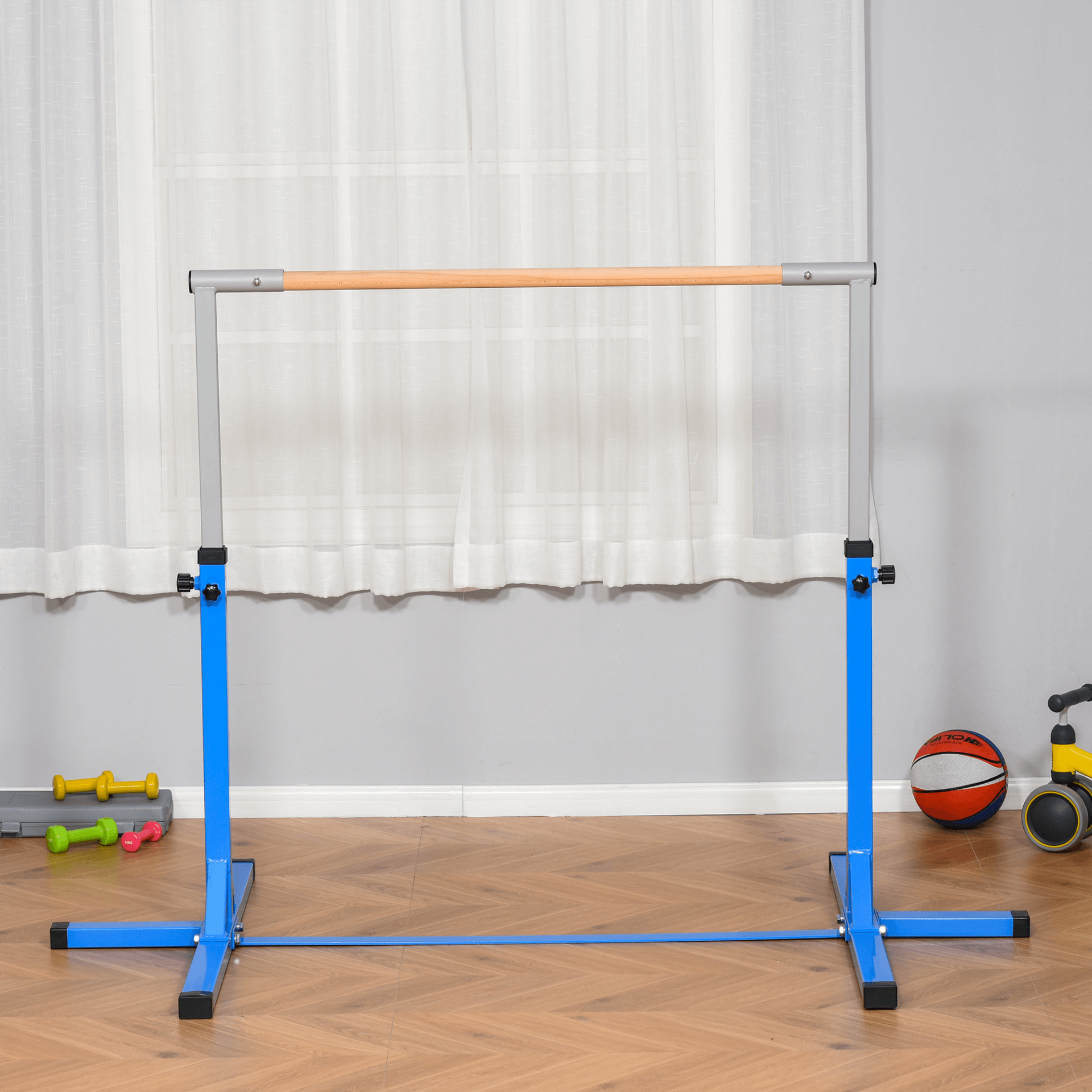 Kids Adjustable Gymnastics Bar - Blue, Durable gymnastics bar with 13 height settings from 92cm-150cm. Ideal for kids' home training, promoting safe and fun fitness sessions.